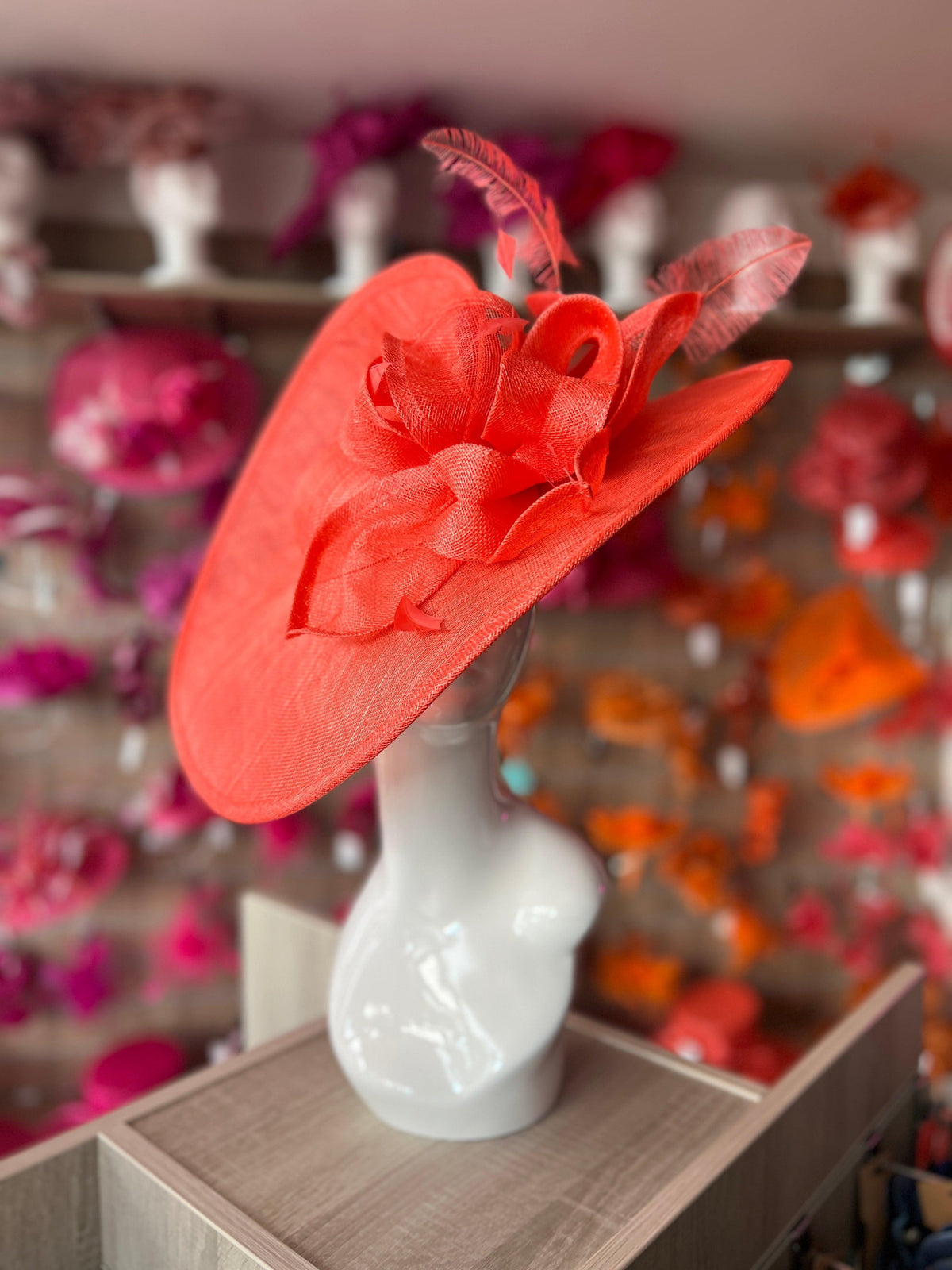 Deluxe Large Coral Hatinator with Split Brim &amp; Feathers-Fascinators Direct