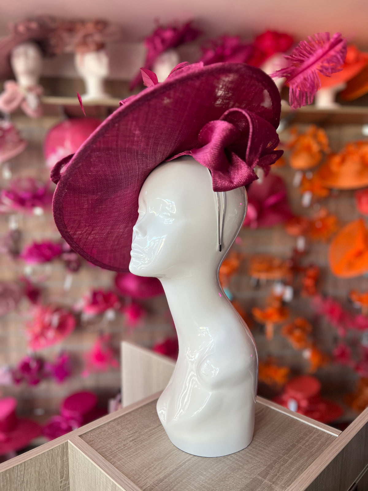 Deluxe Large Damson Hatinator with Split Brim &amp; Feathers-Fascinators Direct