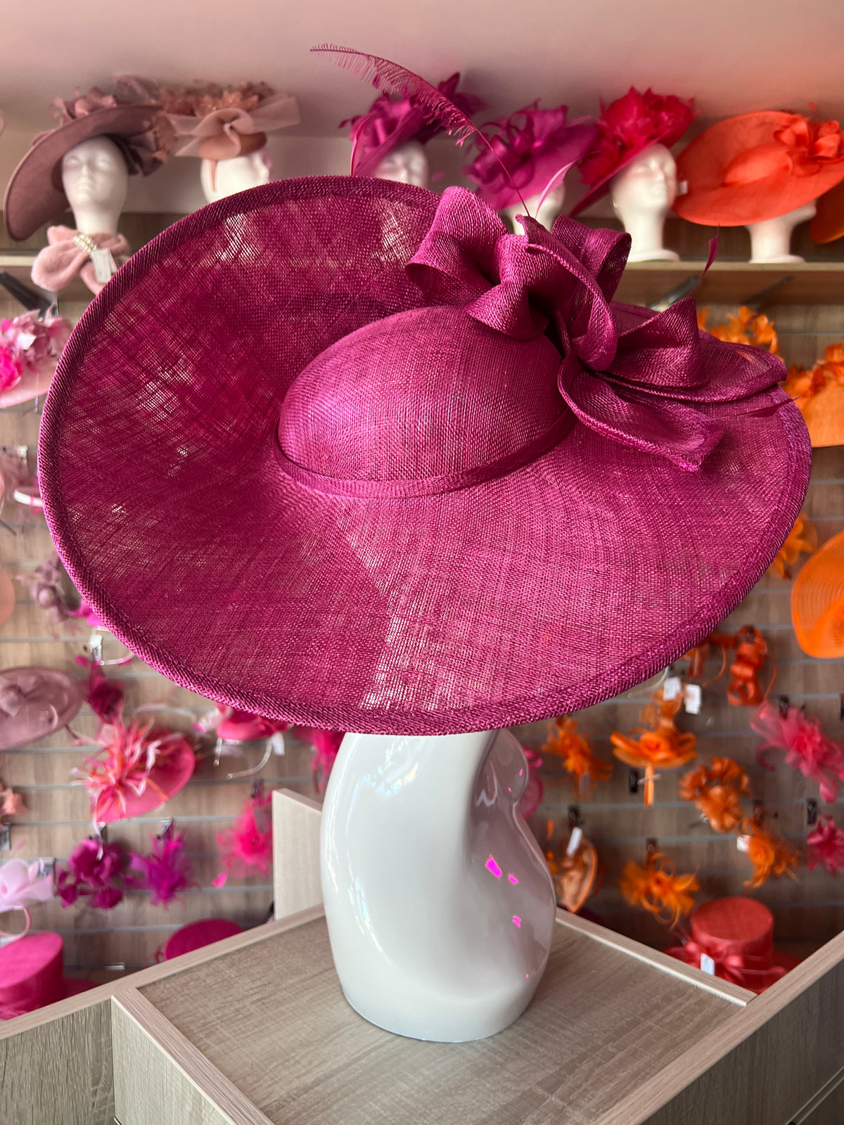Deluxe Large Damson Hatinator with Split Brim &amp; Feathers-Fascinators Direct