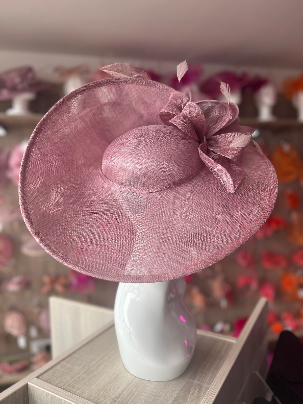 Deluxe Large Dusky Pink Hatinator with Split Brim &amp; Feathers-Fascinators Direct