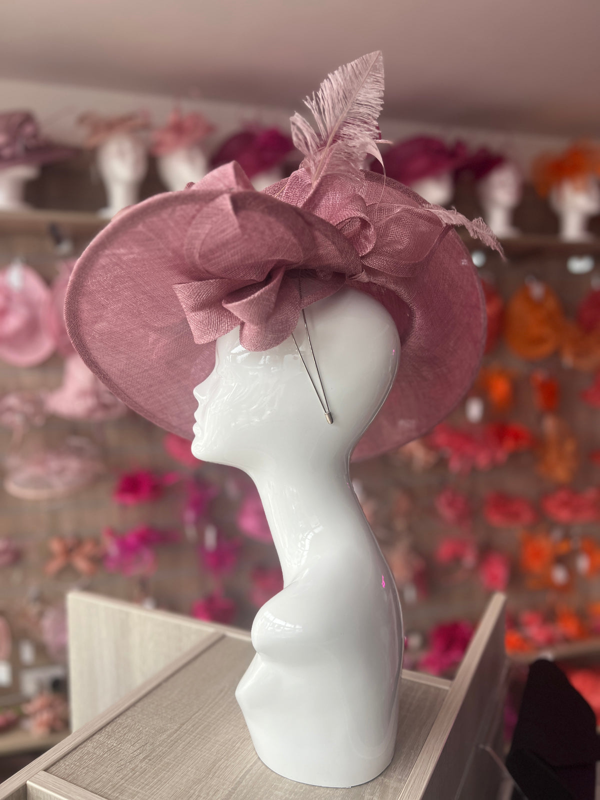 Deluxe Large Dusky Pink Hatinator with Split Brim &amp; Feathers-Fascinators Direct