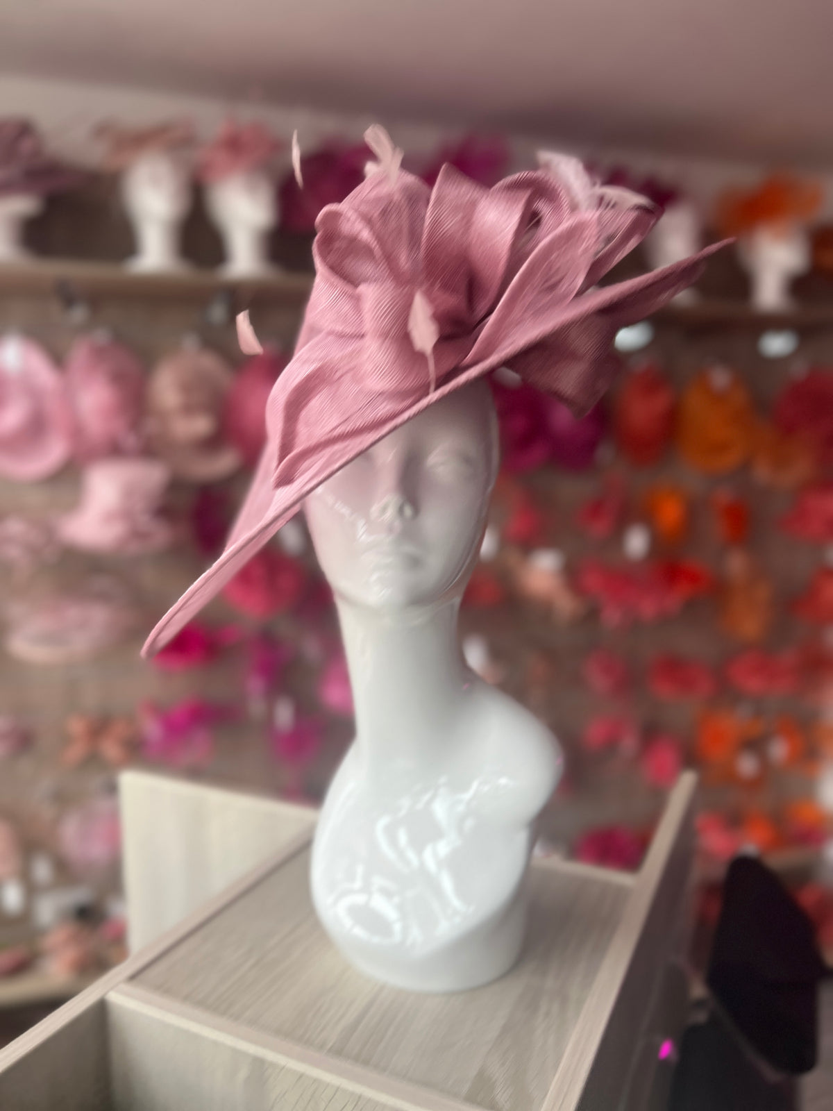 Deluxe Large Dusky Pink Hatinator with Split Brim &amp; Feathers-Fascinators Direct