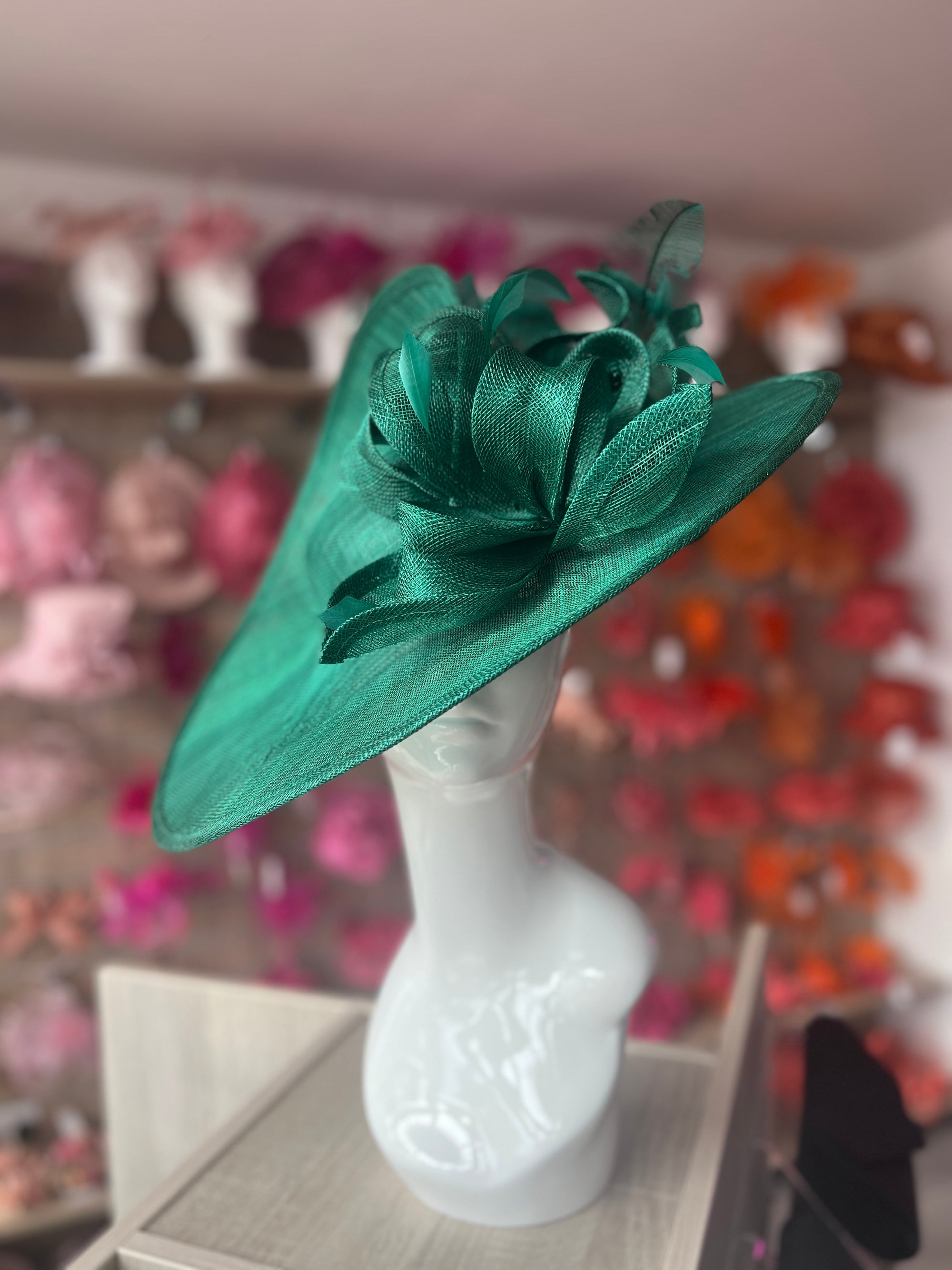 Deluxe Large Emerald Green Hatinator with Split Brim & Feathers-Fascinators Direct