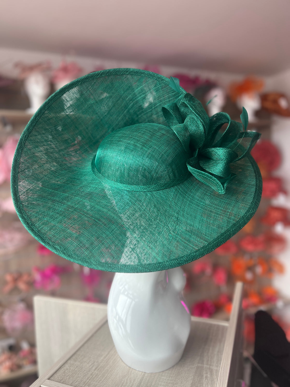 Deluxe Large Emerald Green Hatinator with Split Brim &amp; Feathers-Fascinators Direct