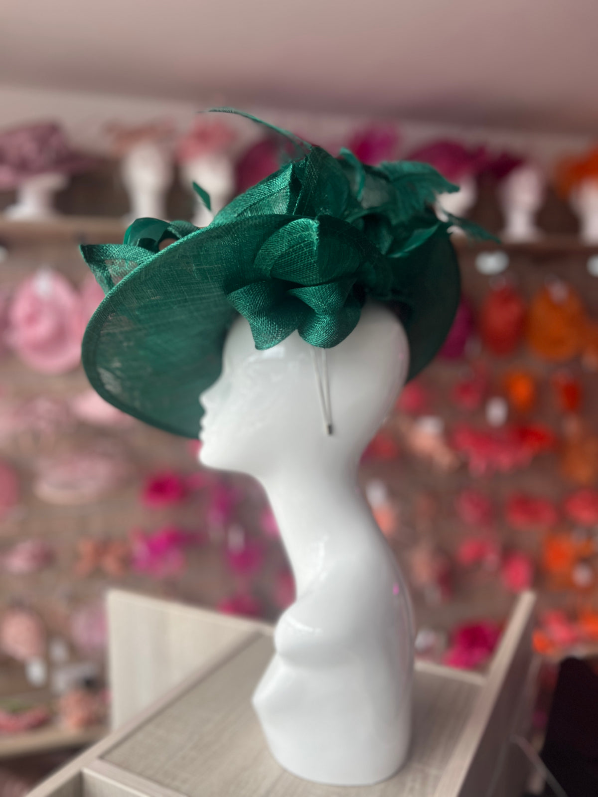 Deluxe Large Emerald Green Hatinator with Split Brim &amp; Feathers-Fascinators Direct