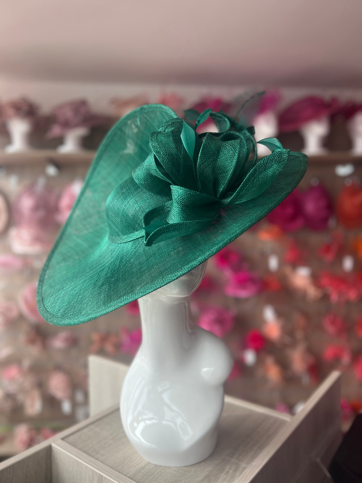 Deluxe Large Emerald Green Hatinator with Split Brim &amp; Feathers-Fascinators Direct