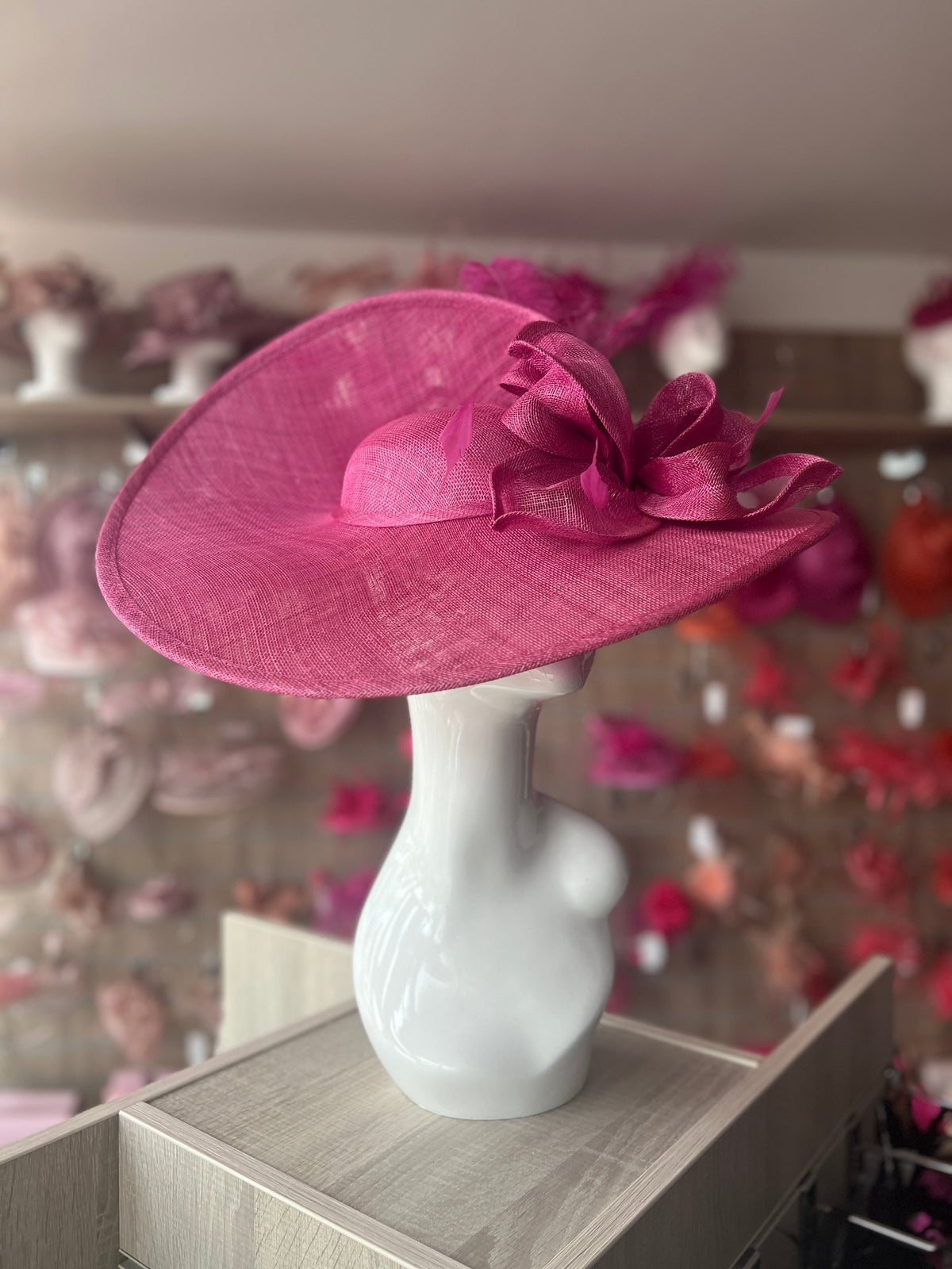 Deluxe Large Fuchsia Hatinator with Split Brim &amp; Feathers-Fascinators Direct