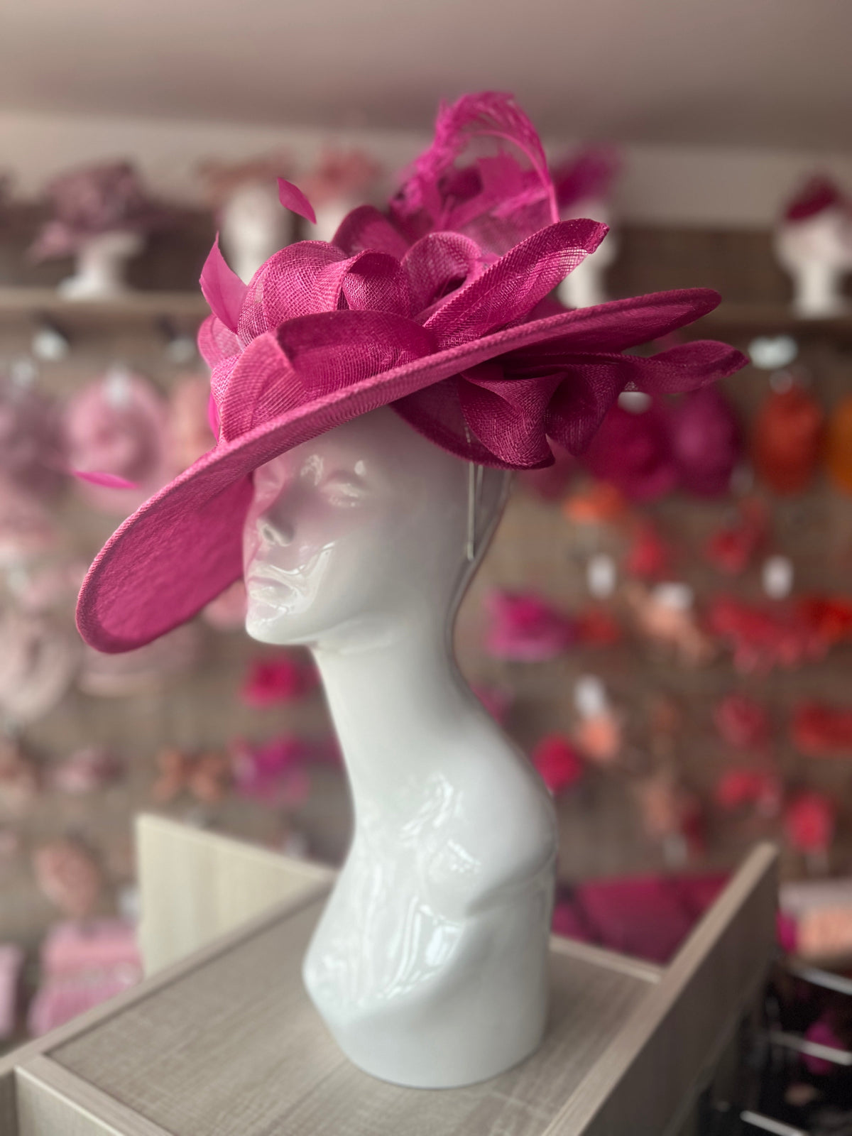 Deluxe Large Fuchsia Hatinator with Split Brim &amp; Feathers-Fascinators Direct