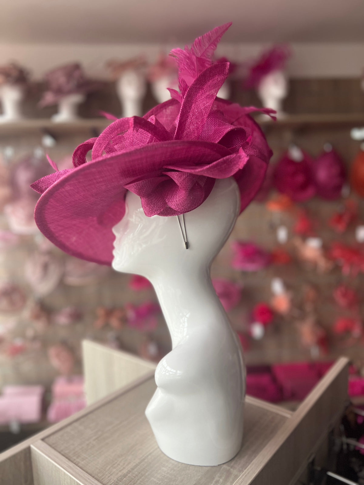 Deluxe Large Fuchsia Hatinator with Split Brim &amp; Feathers-Fascinators Direct