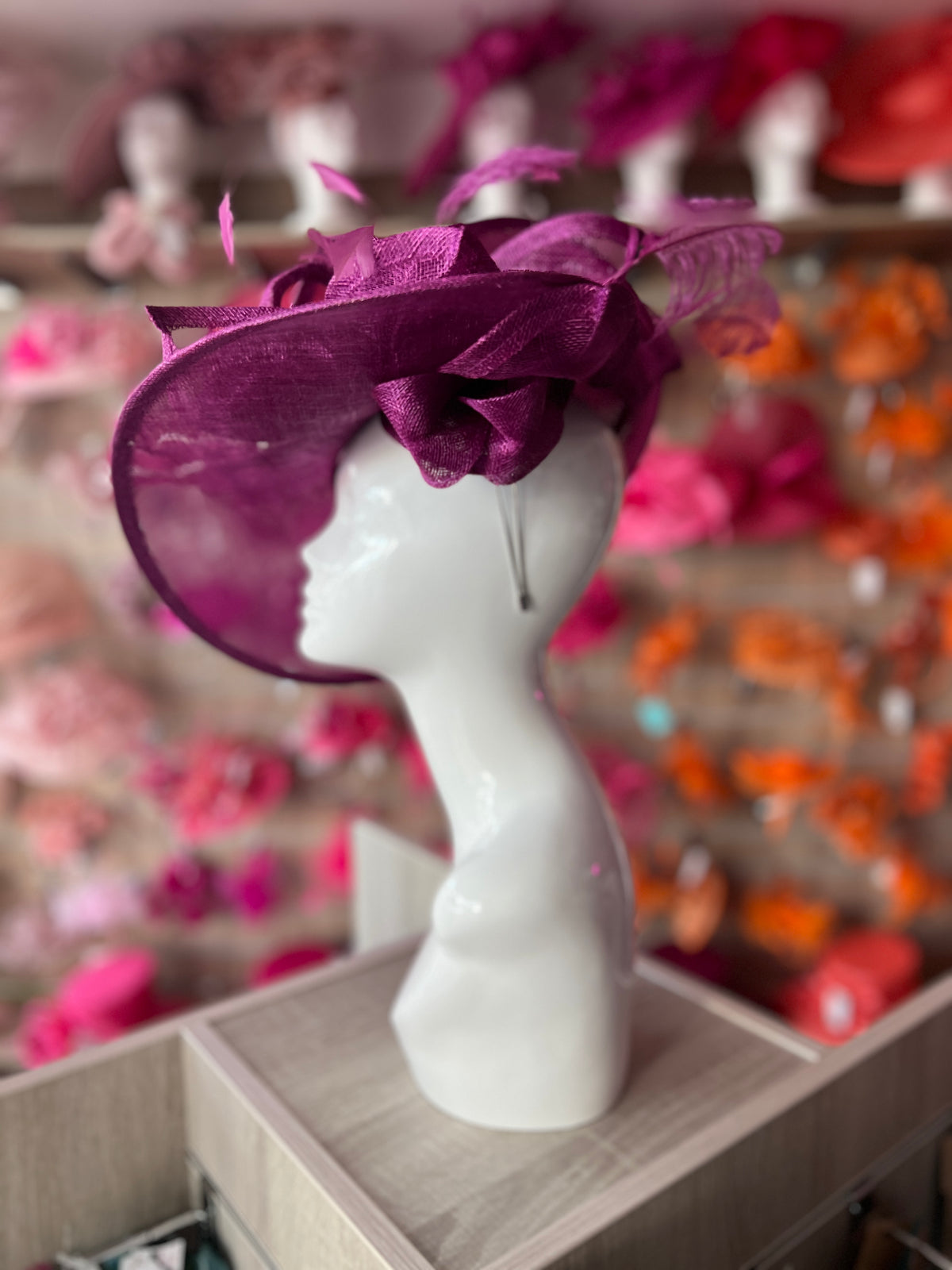 Deluxe Large Grape Hatinator with Split Brim &amp; Feathers-Fascinators Direct
