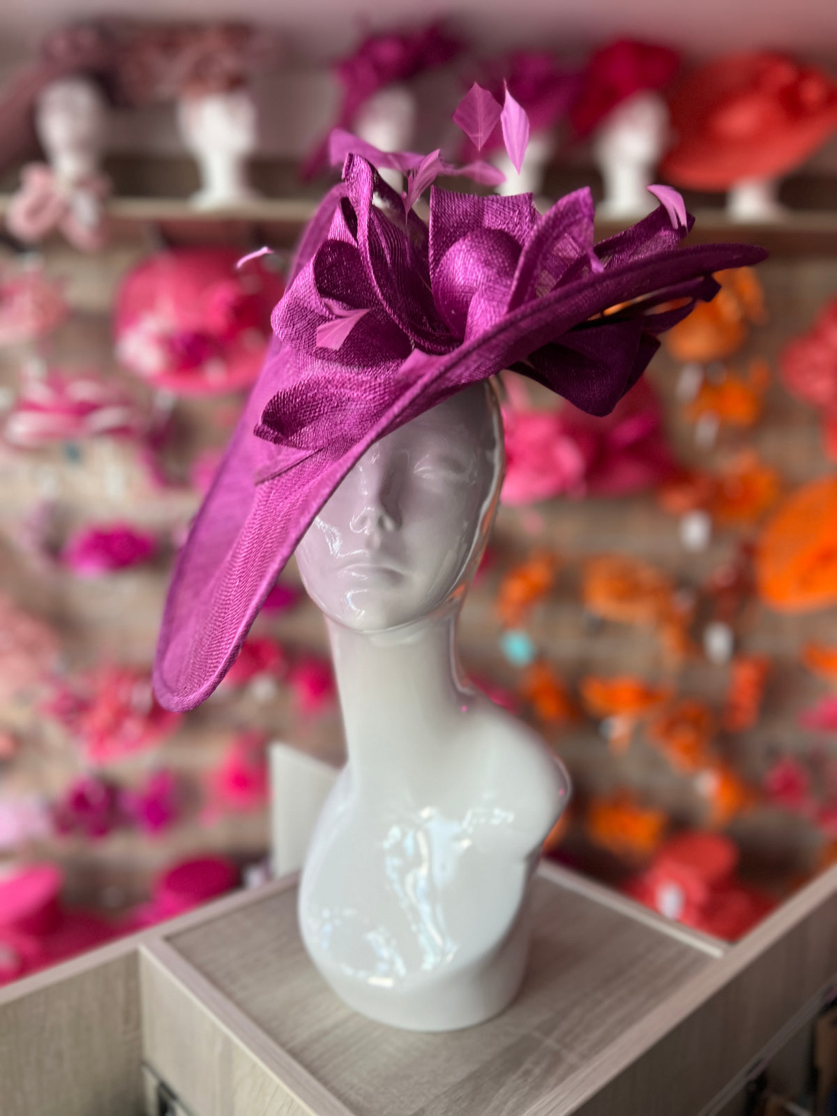 Deluxe Large Grape Hatinator with Split Brim &amp; Feathers-Fascinators Direct