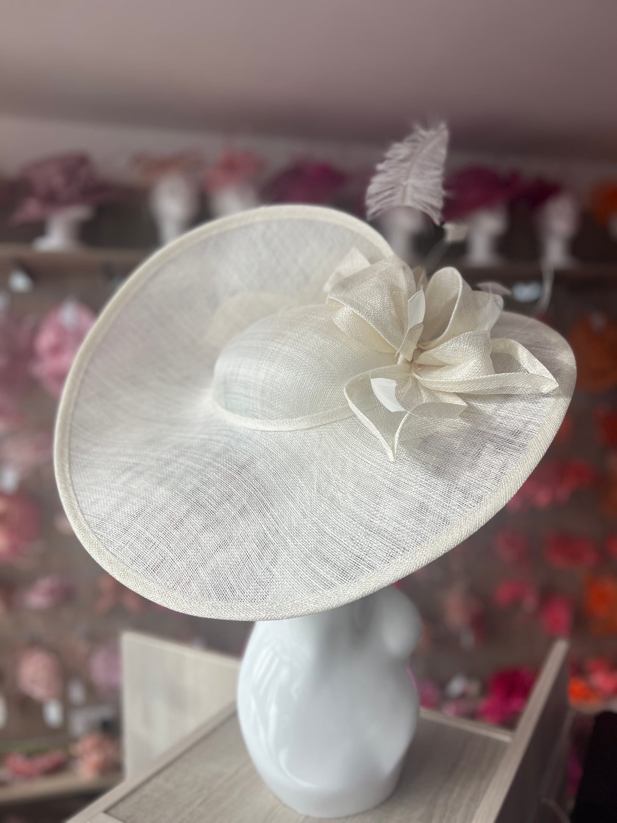 Deluxe Large Ivory Hatinator with Split Brim &amp; Feathers-Fascinators Direct