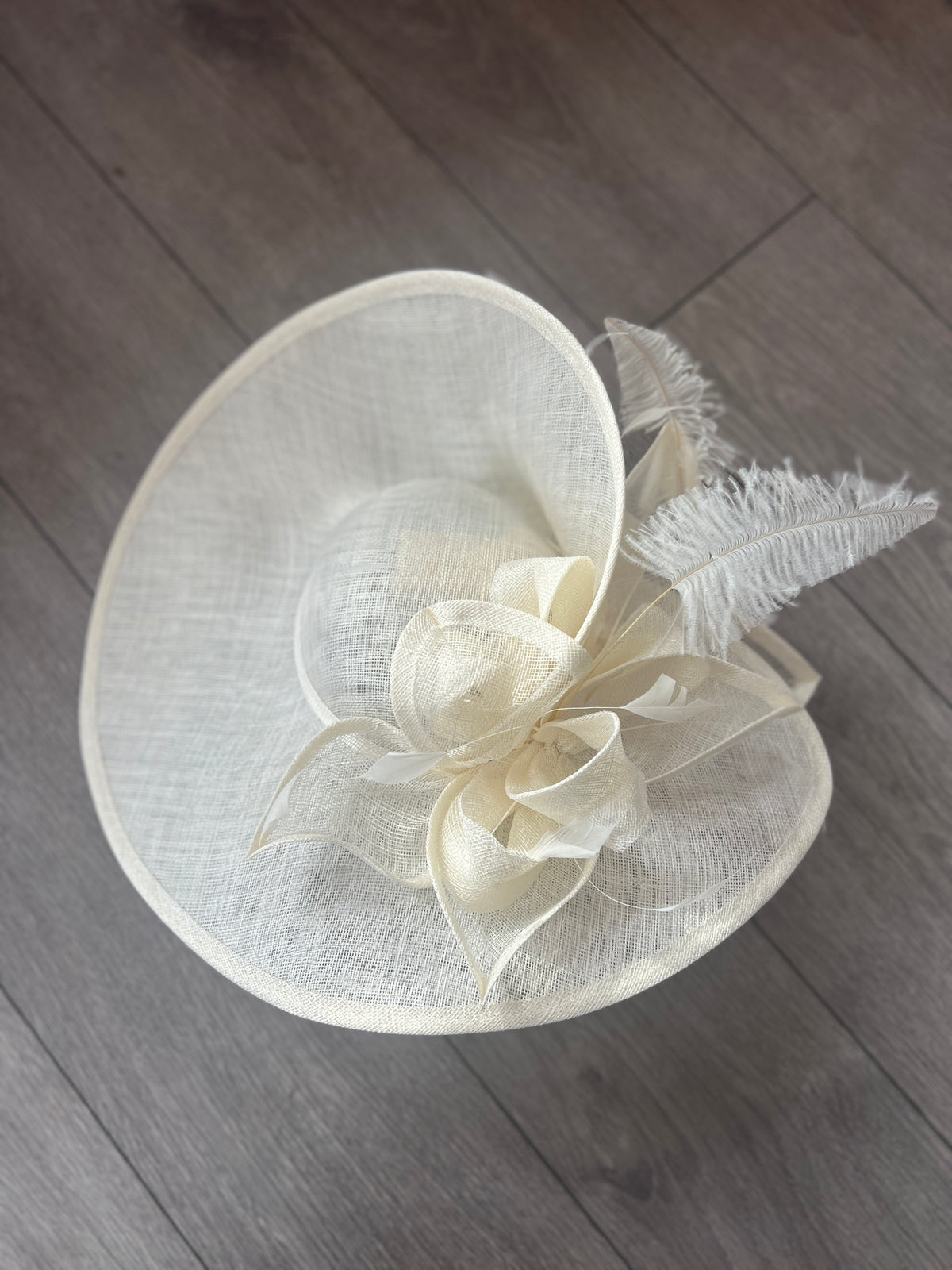 Deluxe Large Ivory Hatinator with Split Brim &amp; Feathers-Fascinators Direct