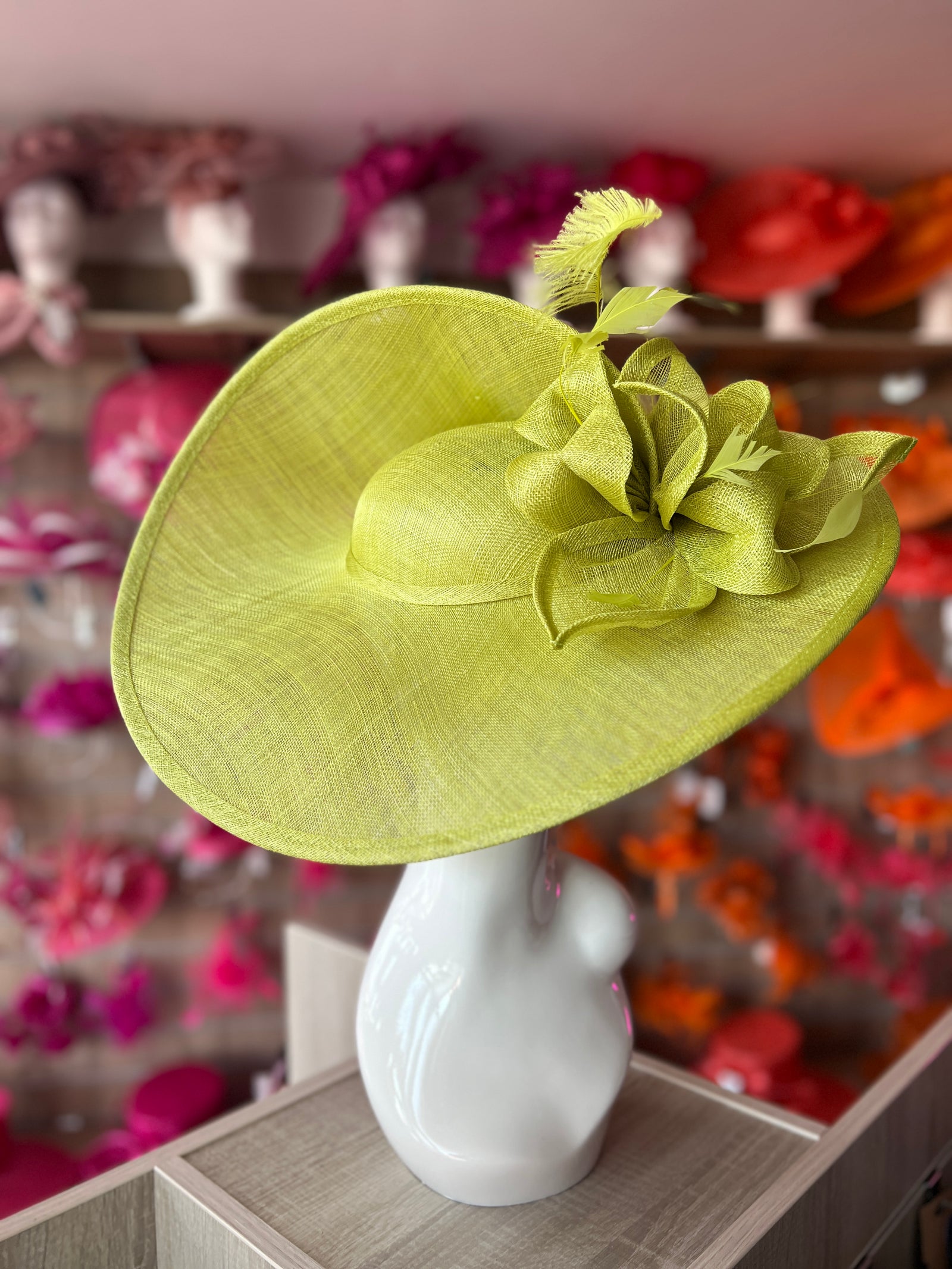 Deluxe Large Lime Hatinator with Split Brim & Feathers-Fascinators Direct