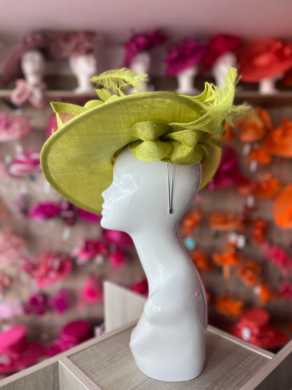 Deluxe Large Lime Hatinator with Split Brim &amp; Feathers-Fascinators Direct