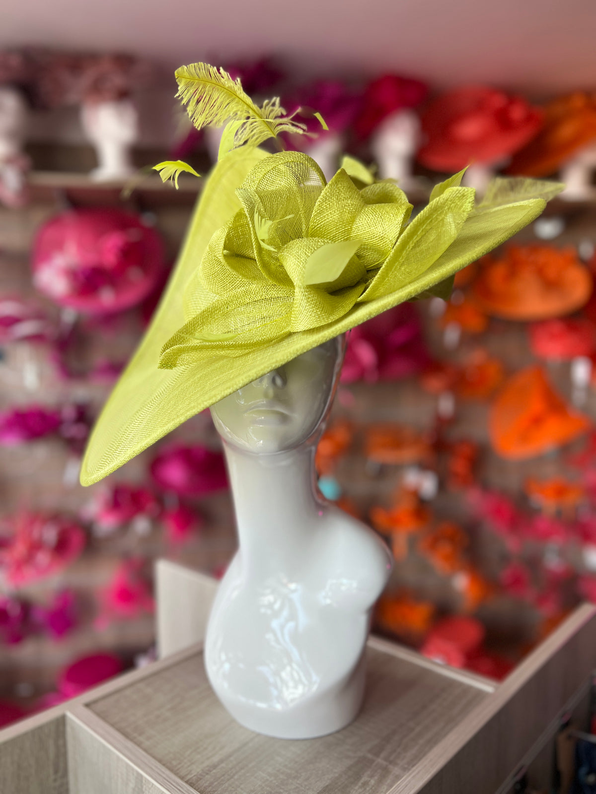 Deluxe Large Lime Hatinator with Split Brim &amp; Feathers-Fascinators Direct