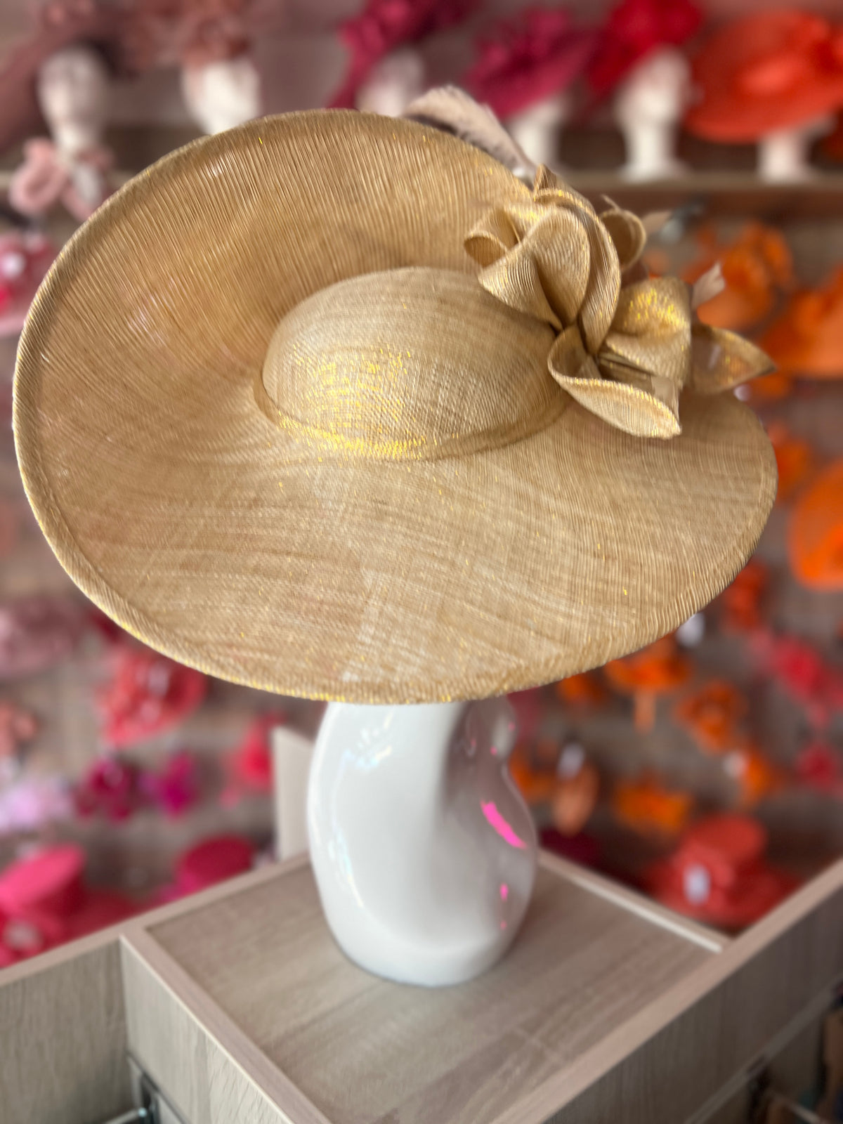 Deluxe Large Metallic Gold Hatinator with Split Brim &amp; Feathers-Fascinators Direct