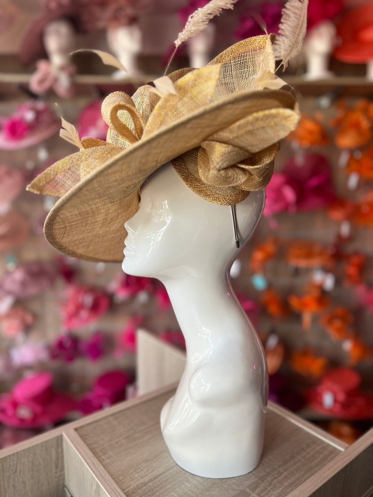 Deluxe Large Metallic Gold Hatinator with Split Brim &amp; Feathers-Fascinators Direct