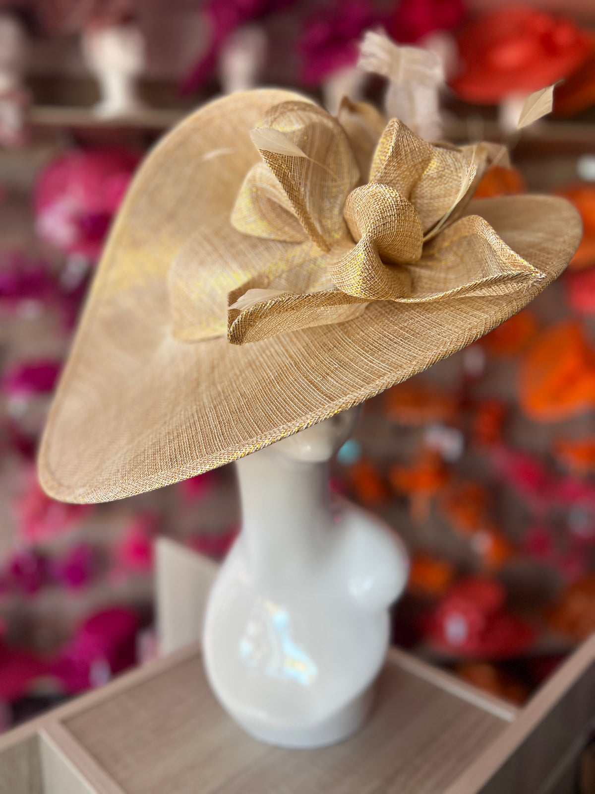 Deluxe Large Metallic Gold Hatinator with Split Brim &amp; Feathers-Fascinators Direct