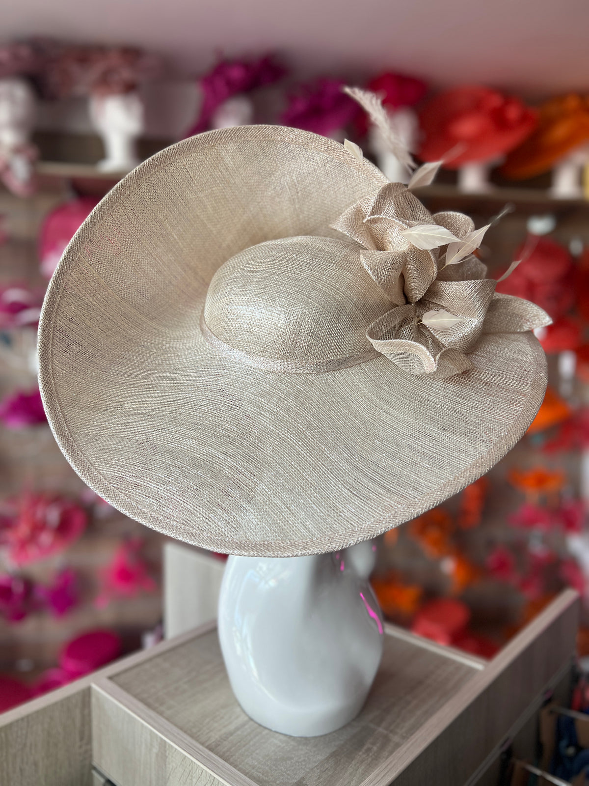 Deluxe Large Metallic Nude Hatinator with Split Brim &amp; Feathers-Fascinators Direct