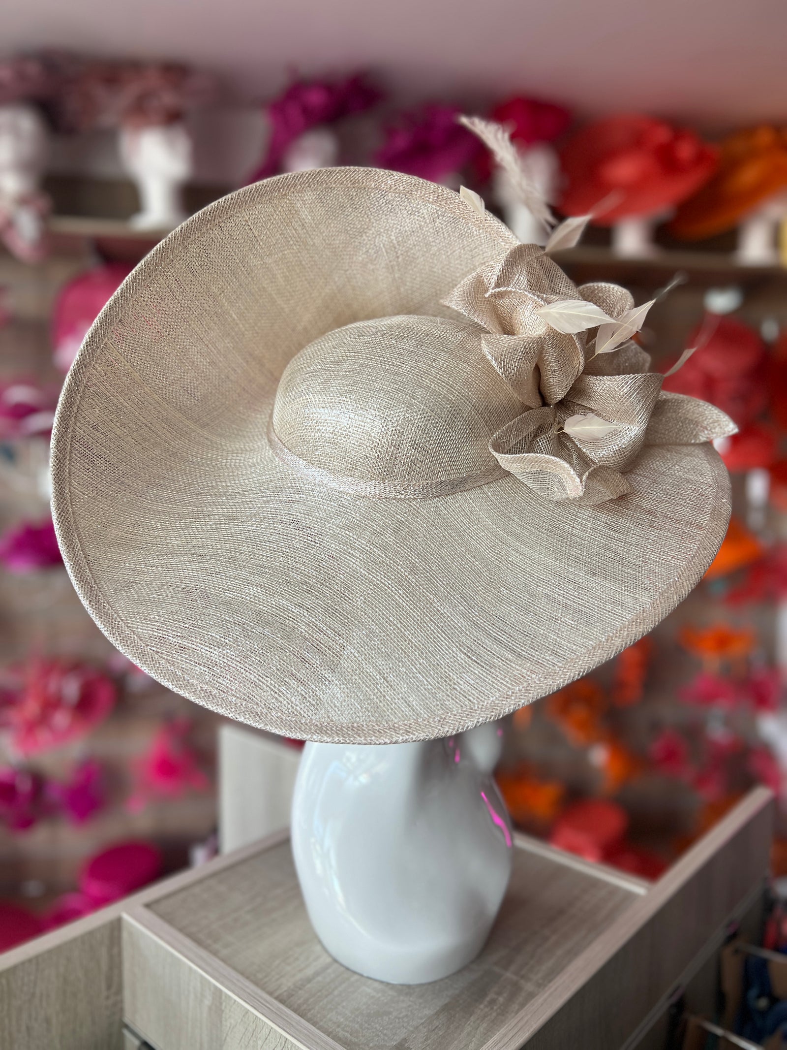 Deluxe Large Metallic Nude Hatinator with Split Brim & Feathers-Fascinators Direct