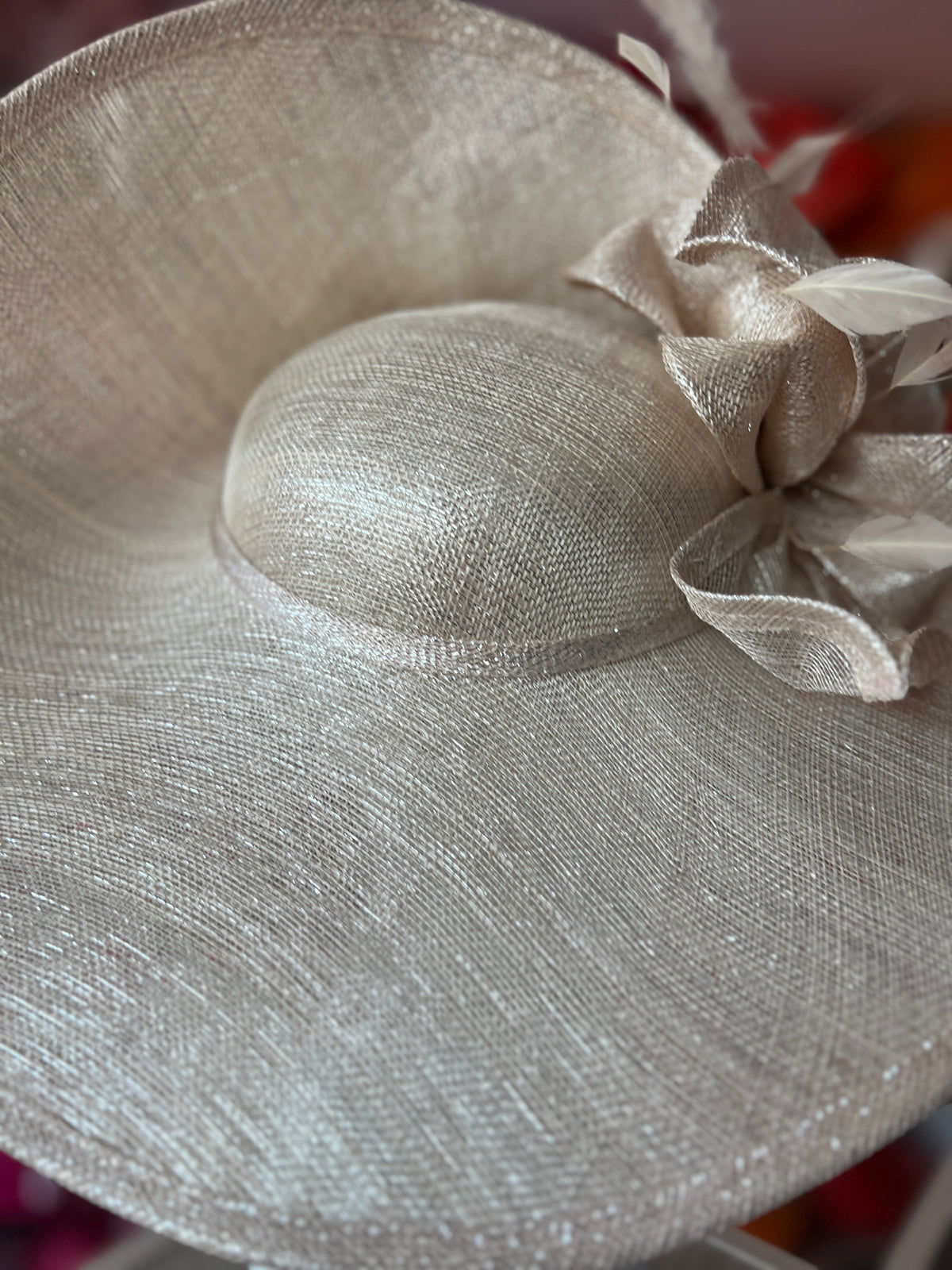 Deluxe Large Metallic Nude Hatinator with Split Brim &amp; Feathers-Fascinators Direct