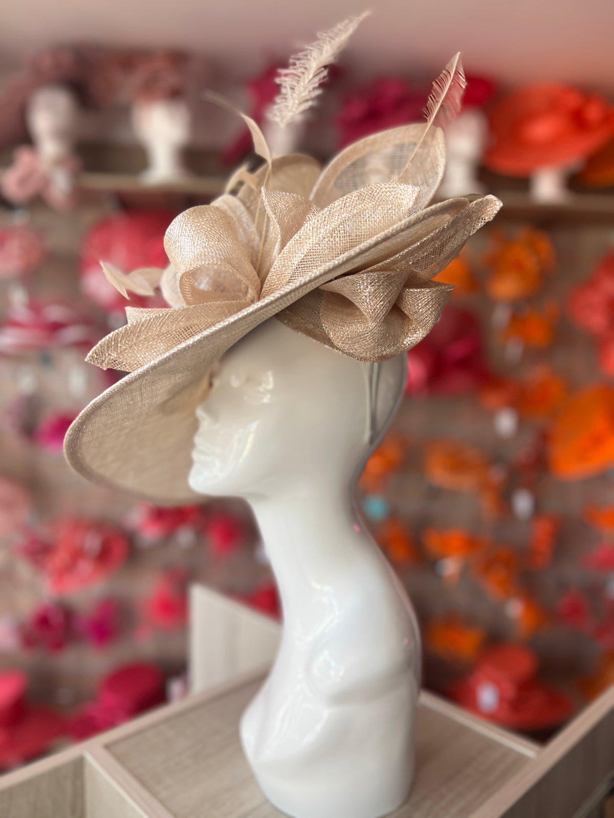 Deluxe Large Metallic Nude Hatinator with Split Brim &amp; Feathers-Fascinators Direct