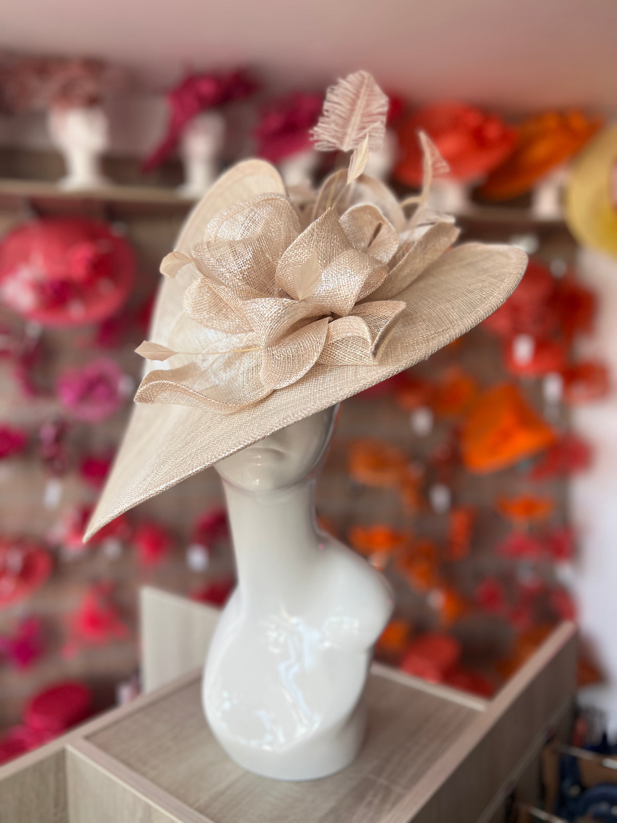Deluxe Large Metallic Nude Hatinator with Split Brim &amp; Feathers-Fascinators Direct