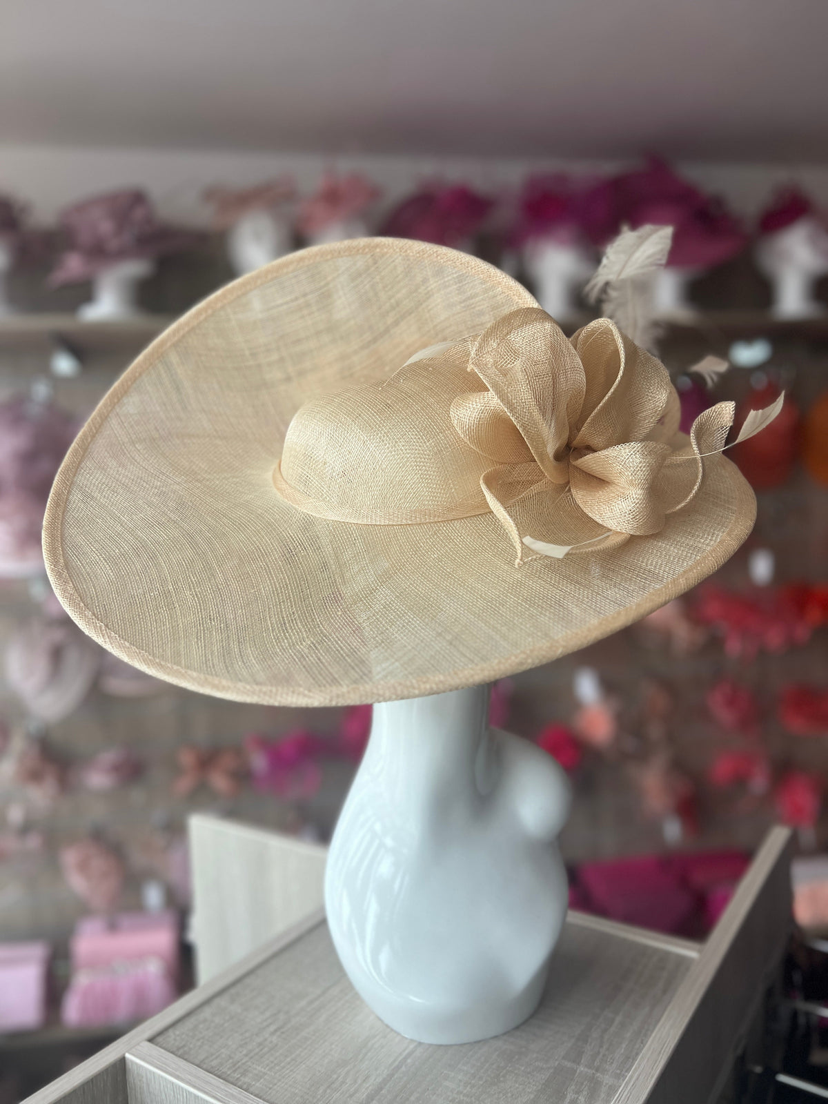 Deluxe Large Nude Hatinator with Split Brim &amp; Feathers-Fascinators Direct