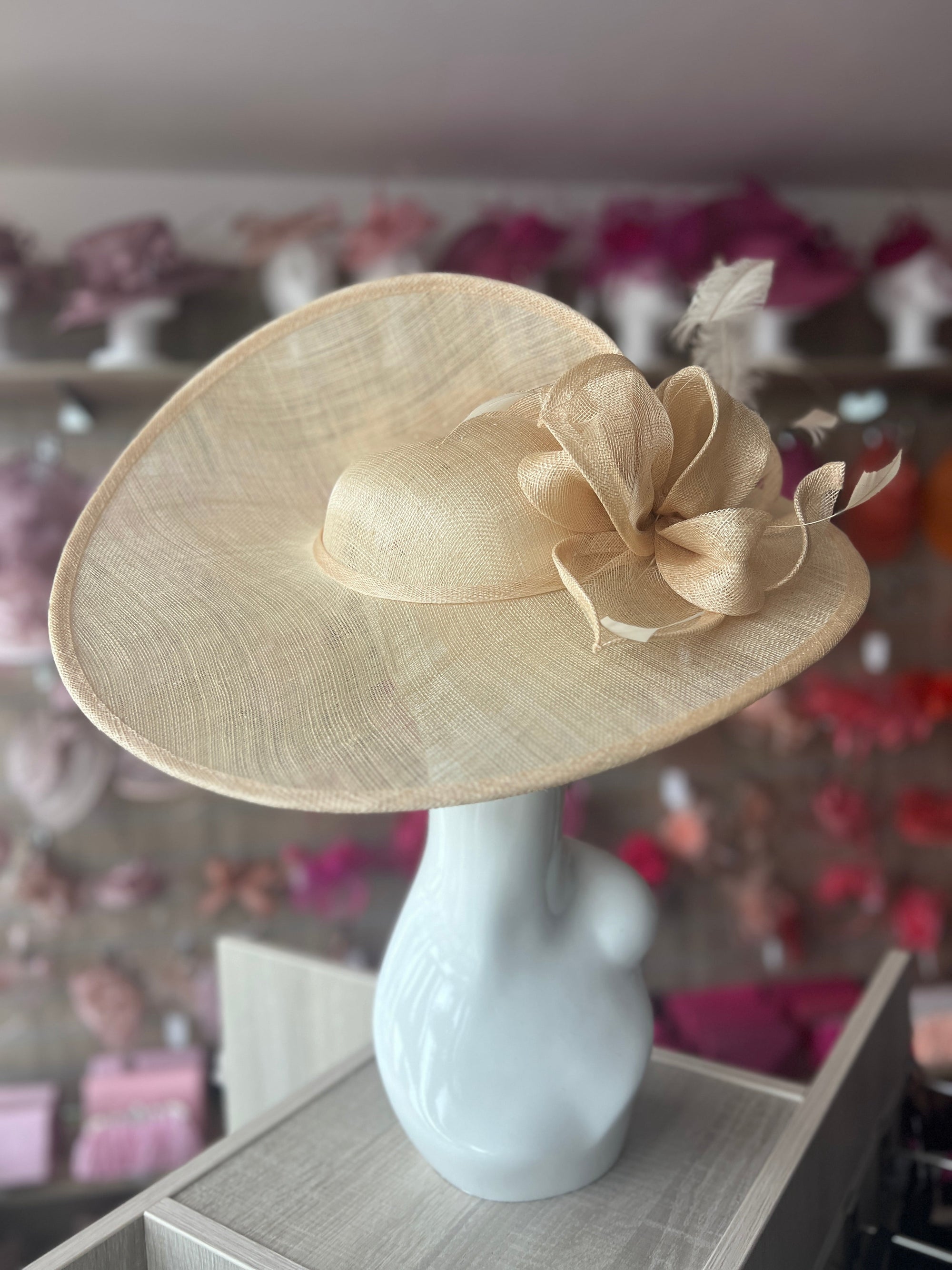 Deluxe Large Nude Hatinator with Split Brim & Feathers-Fascinators Direct