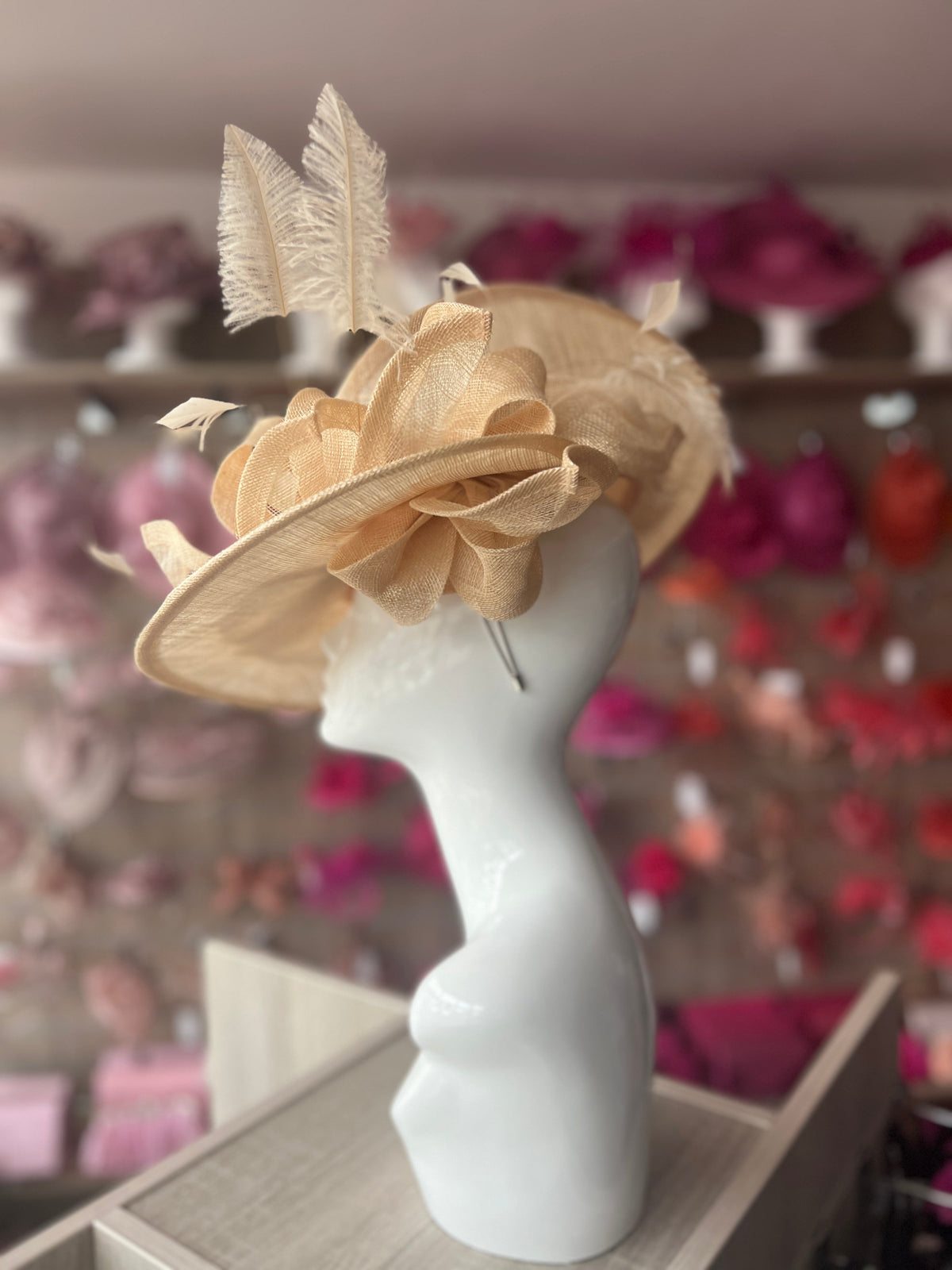 Deluxe Large Nude Hatinator with Split Brim &amp; Feathers-Fascinators Direct