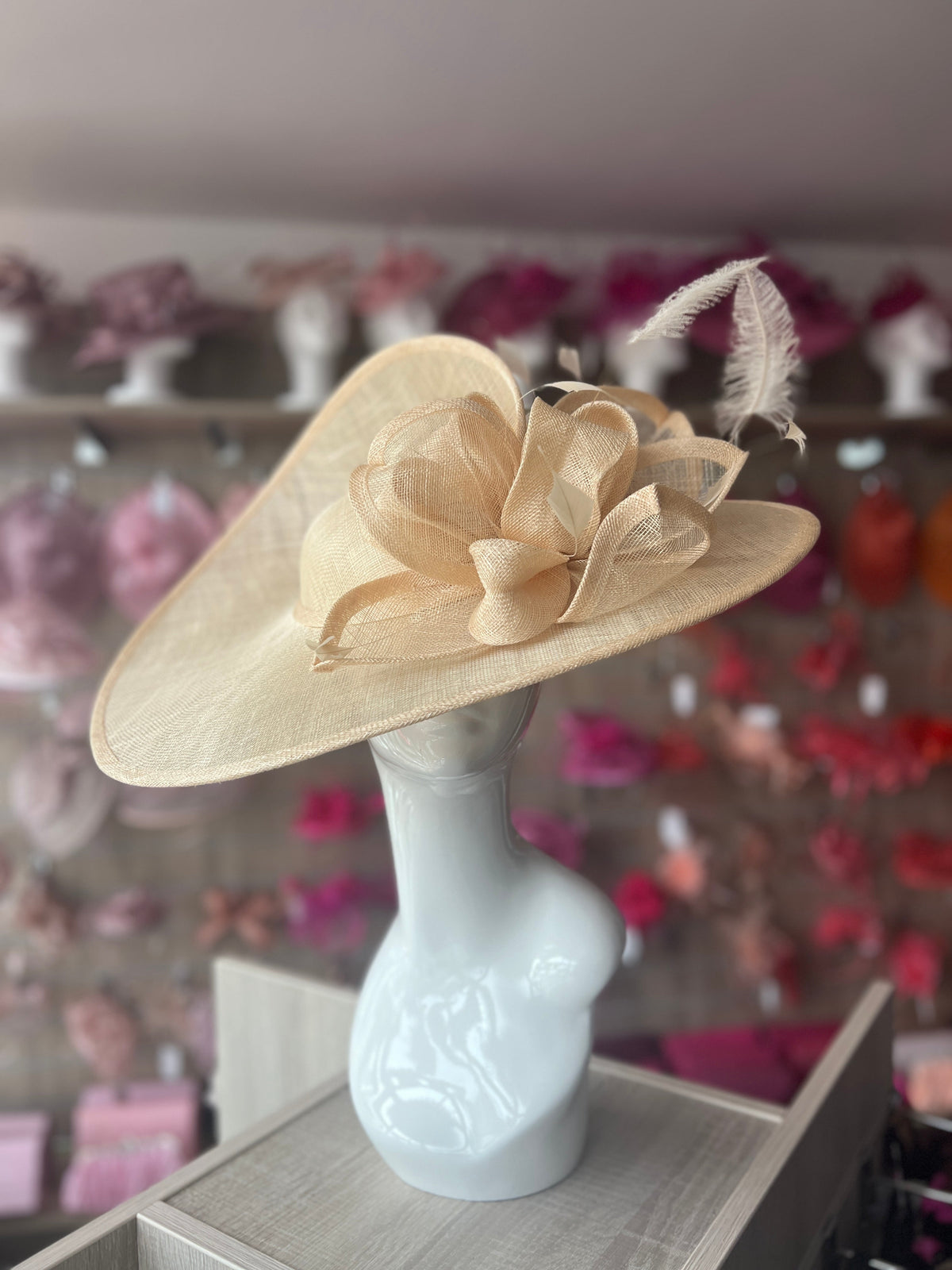Deluxe Large Nude Hatinator with Split Brim &amp; Feathers-Fascinators Direct