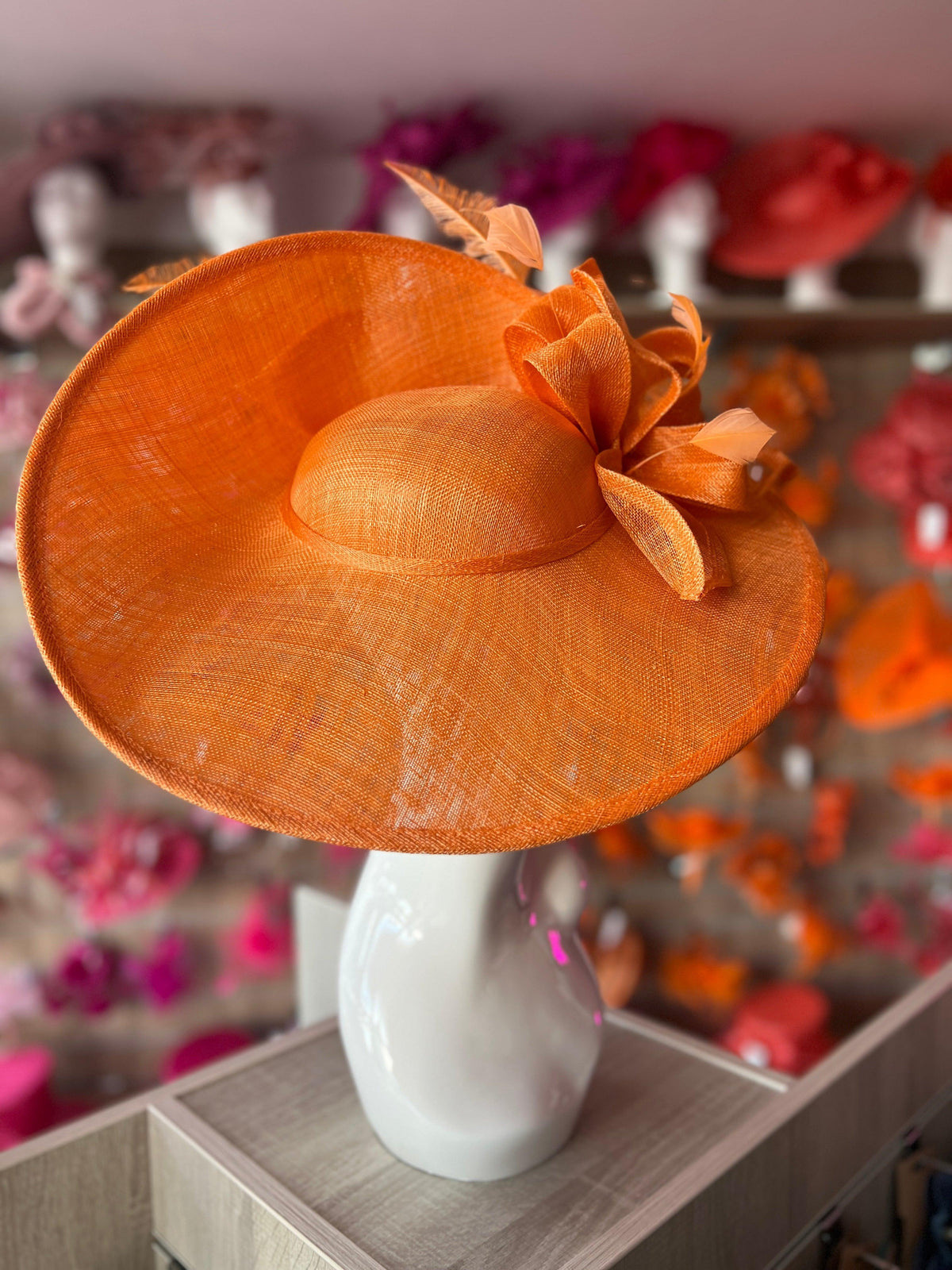 Deluxe Large Orange Hatinator with Split Brim &amp; Feathers-Fascinators Direct