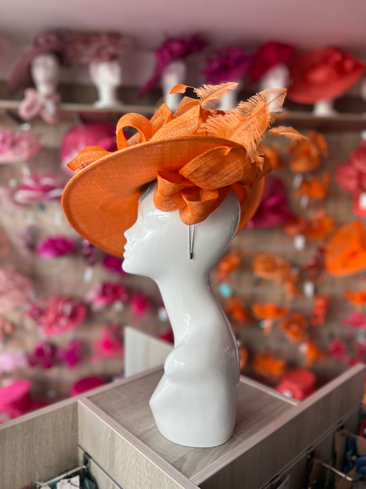 Deluxe Large Orange Hatinator with Split Brim &amp; Feathers-Fascinators Direct