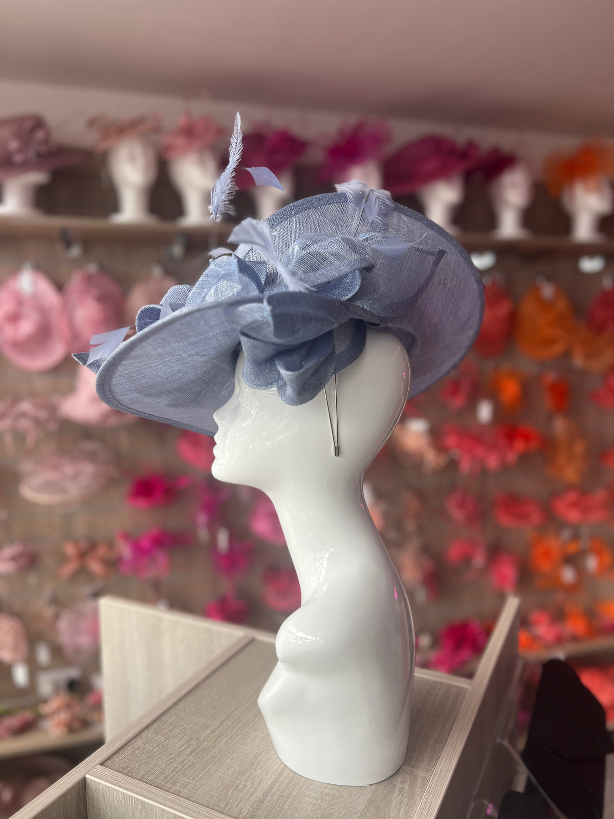 Deluxe Large Periwinkle Hatinator with Split Brim &amp; Feathers-Fascinators Direct