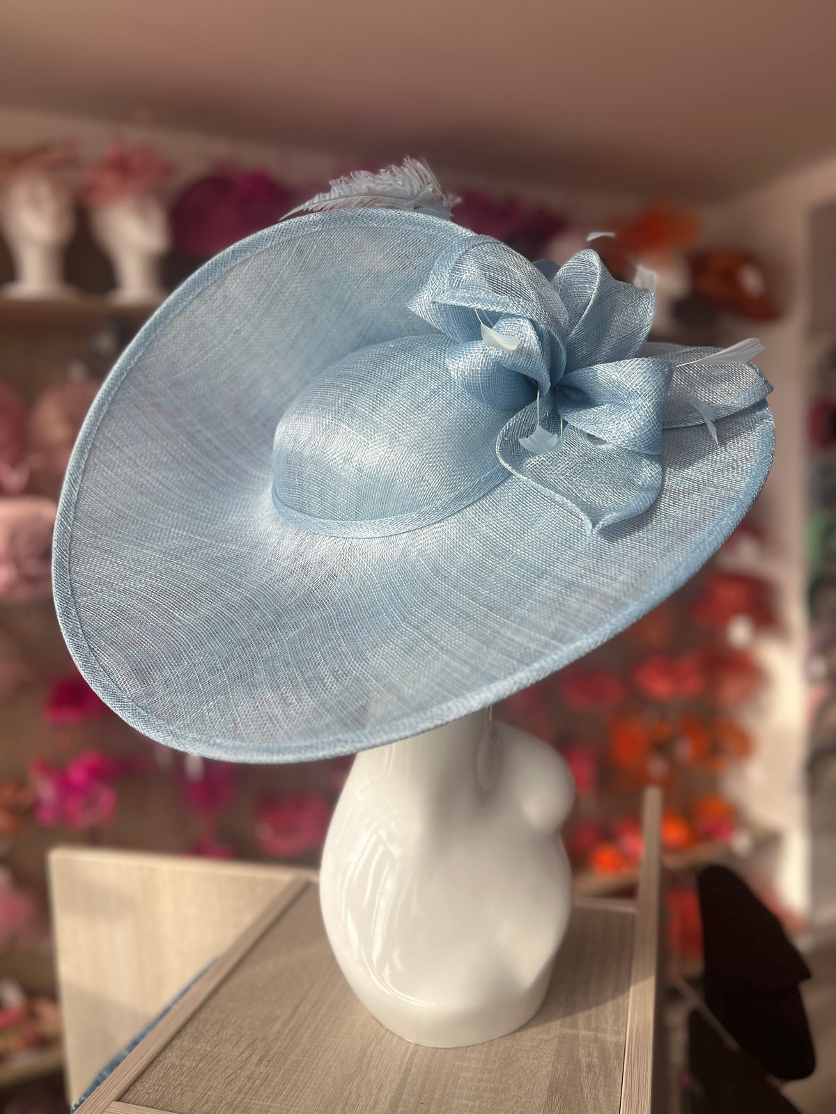 Deluxe Large Powder Blue Hatinator with Split Brim &amp; Feathers-Fascinators Direct
