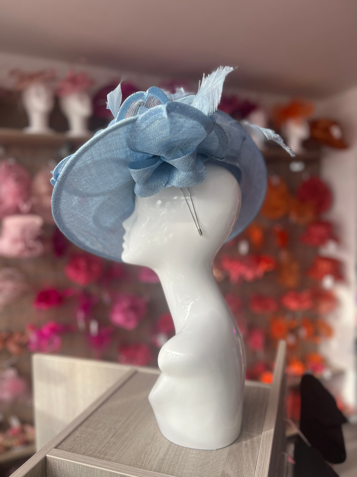 Deluxe Large Powder Blue Hatinator with Split Brim &amp; Feathers-Fascinators Direct