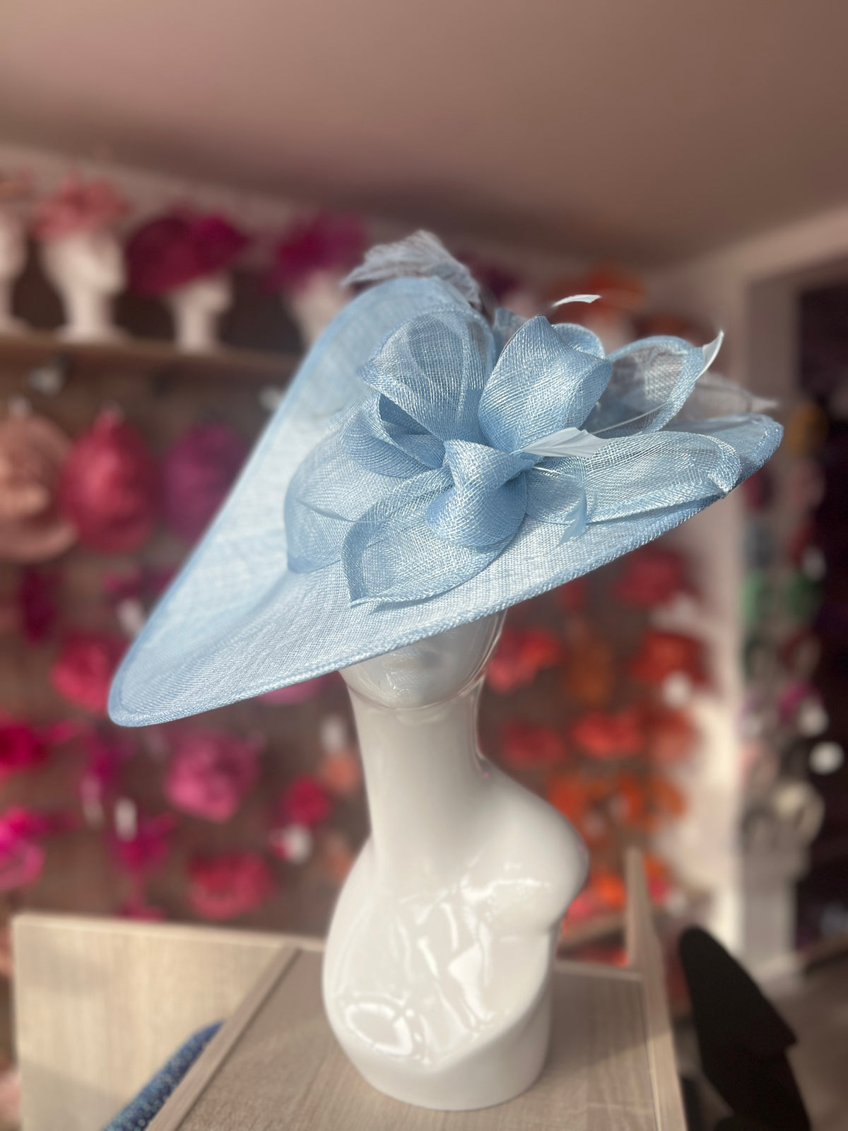 Deluxe Large Powder Blue Hatinator with Split Brim &amp; Feathers-Fascinators Direct
