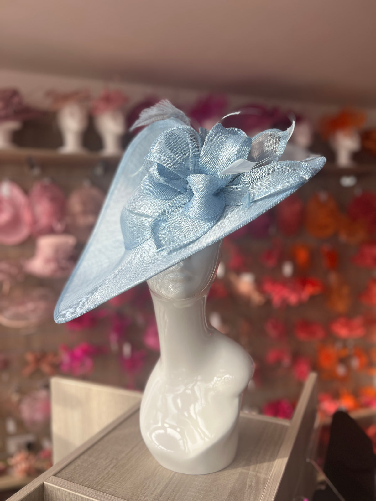 Deluxe Large Powder Blue Hatinator with Split Brim &amp; Feathers-Fascinators Direct