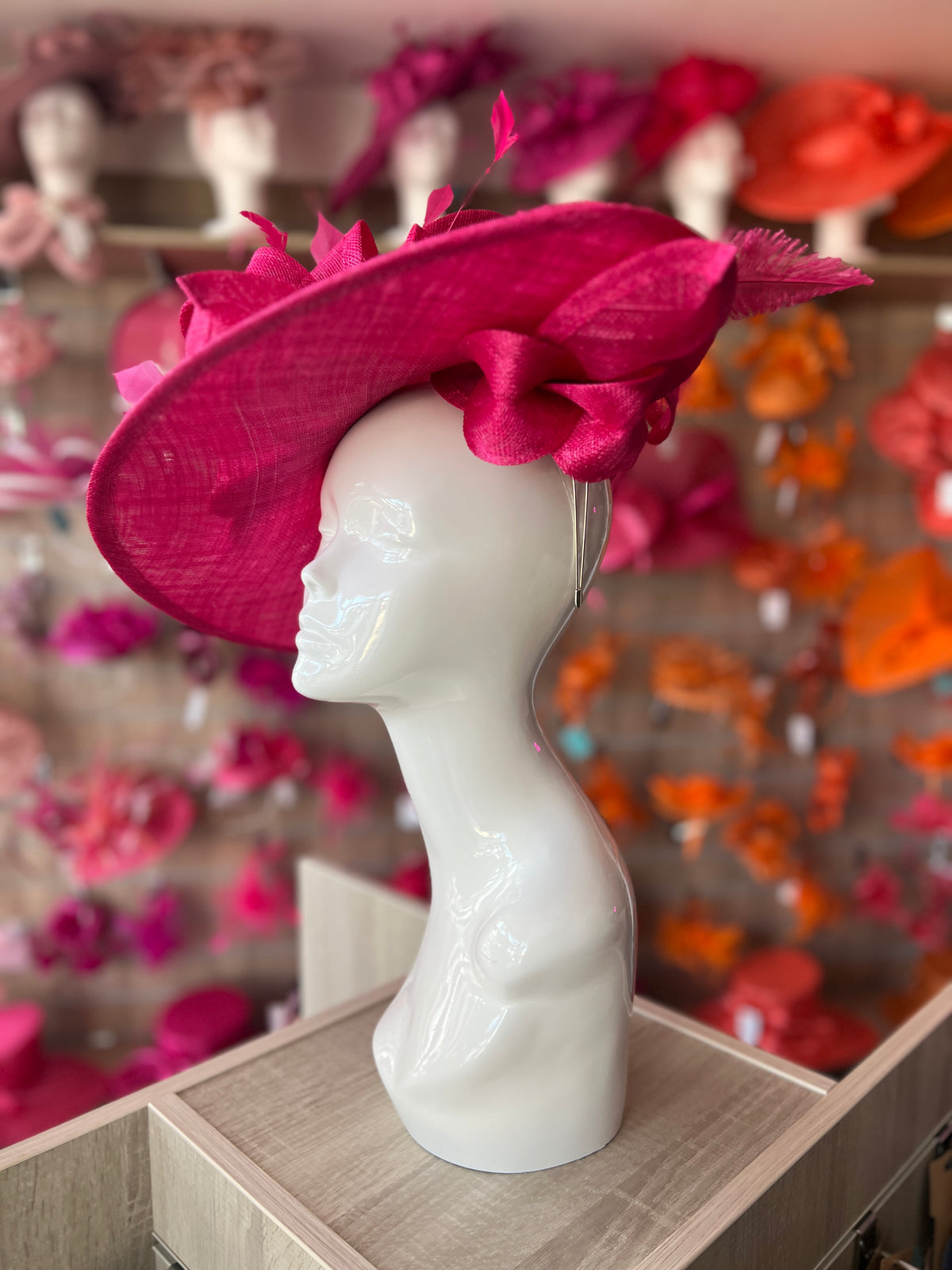 Deluxe Large Raspberry Hatinator with Split Brim &amp; Feathers-Fascinators Direct