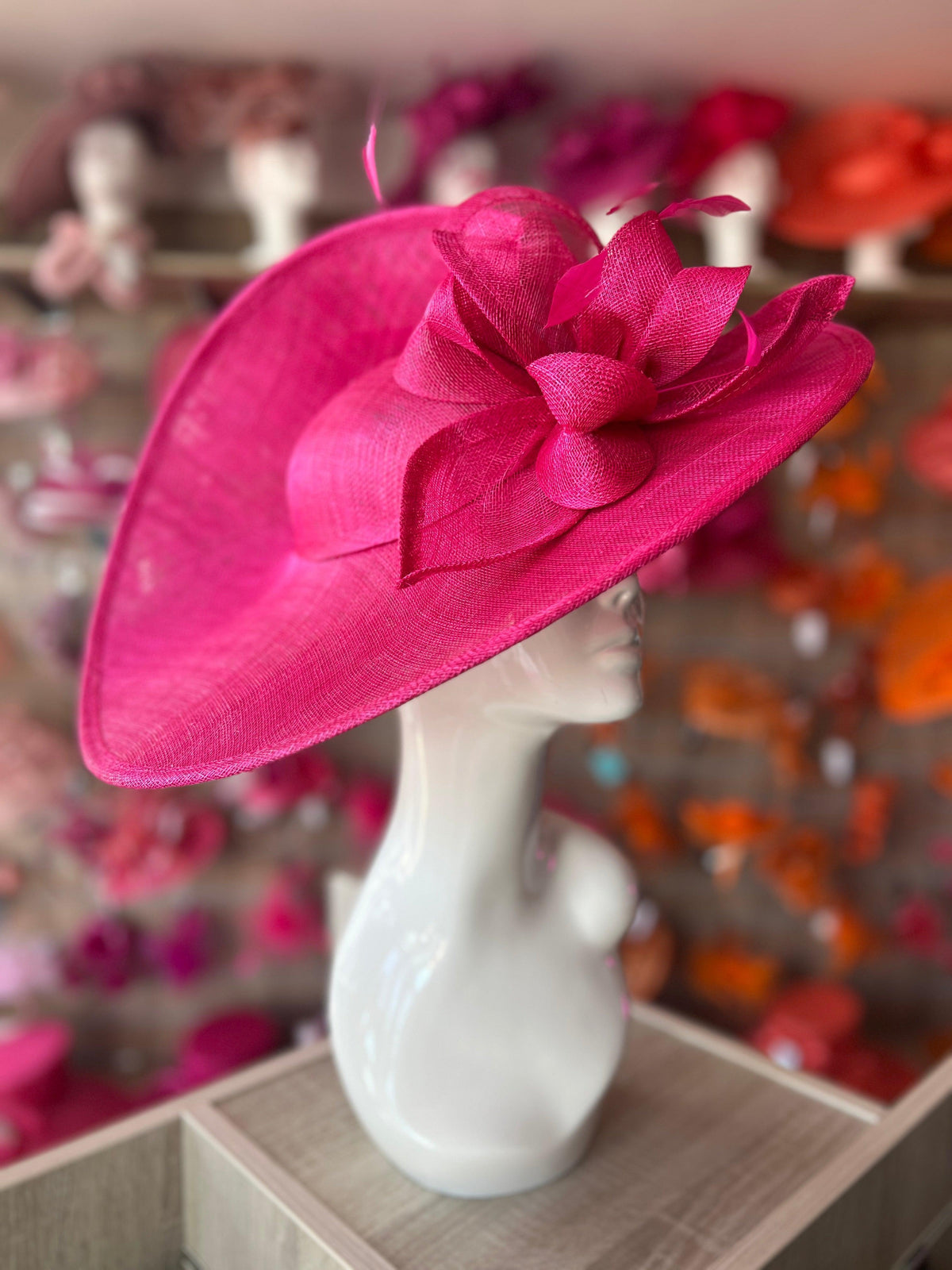 Deluxe Large Raspberry Hatinator with Split Brim &amp; Feathers-Fascinators Direct