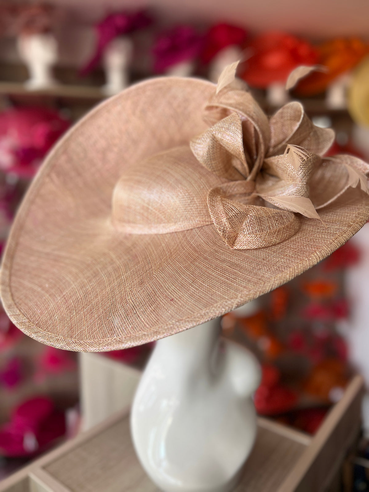 Deluxe Large Rose Gold Hatinator with Split Brim &amp; Feathers-Fascinators Direct