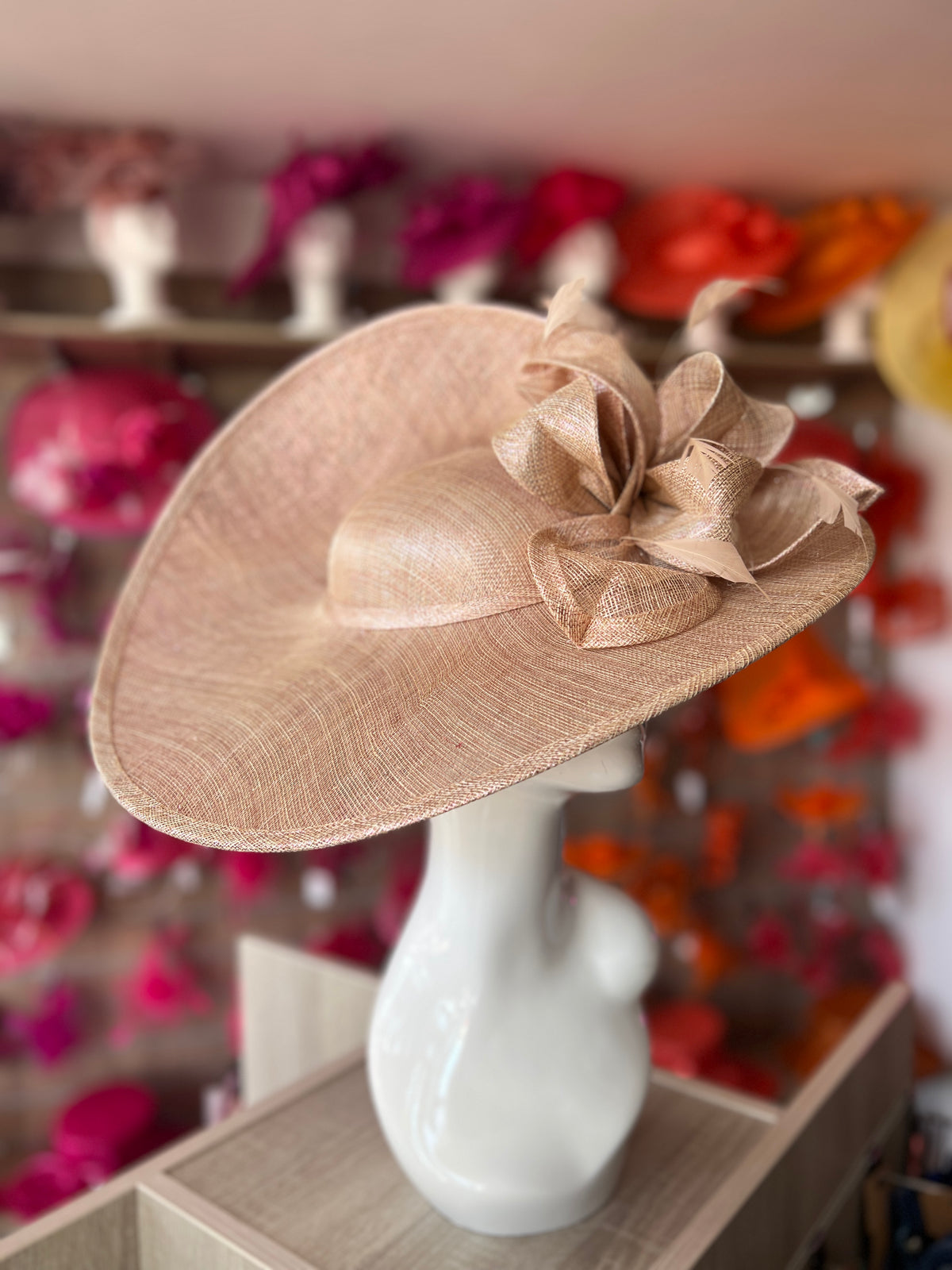 Deluxe Large Rose Gold Hatinator with Split Brim &amp; Feathers-Fascinators Direct