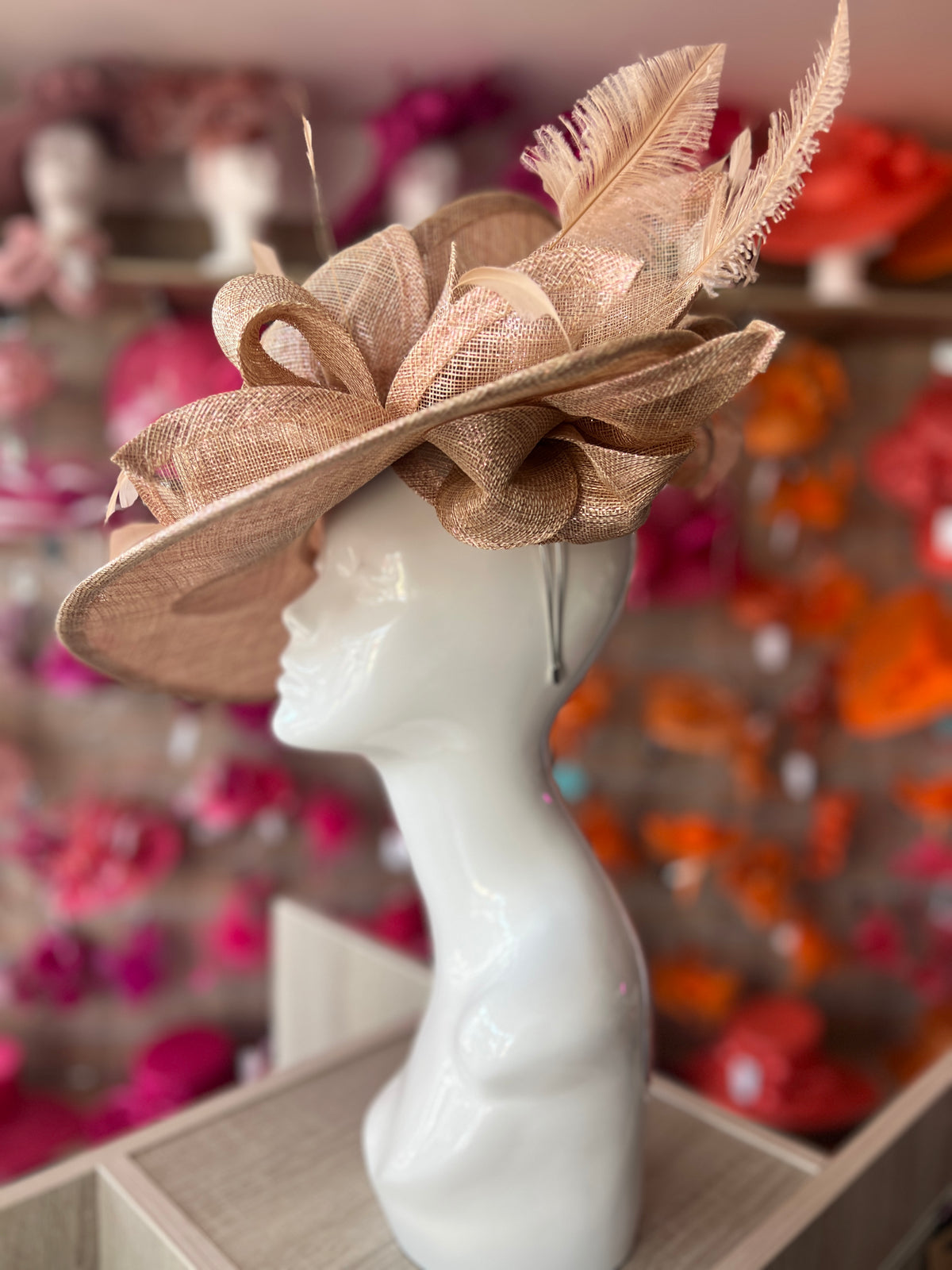 Deluxe Large Rose Gold Hatinator with Split Brim &amp; Feathers-Fascinators Direct