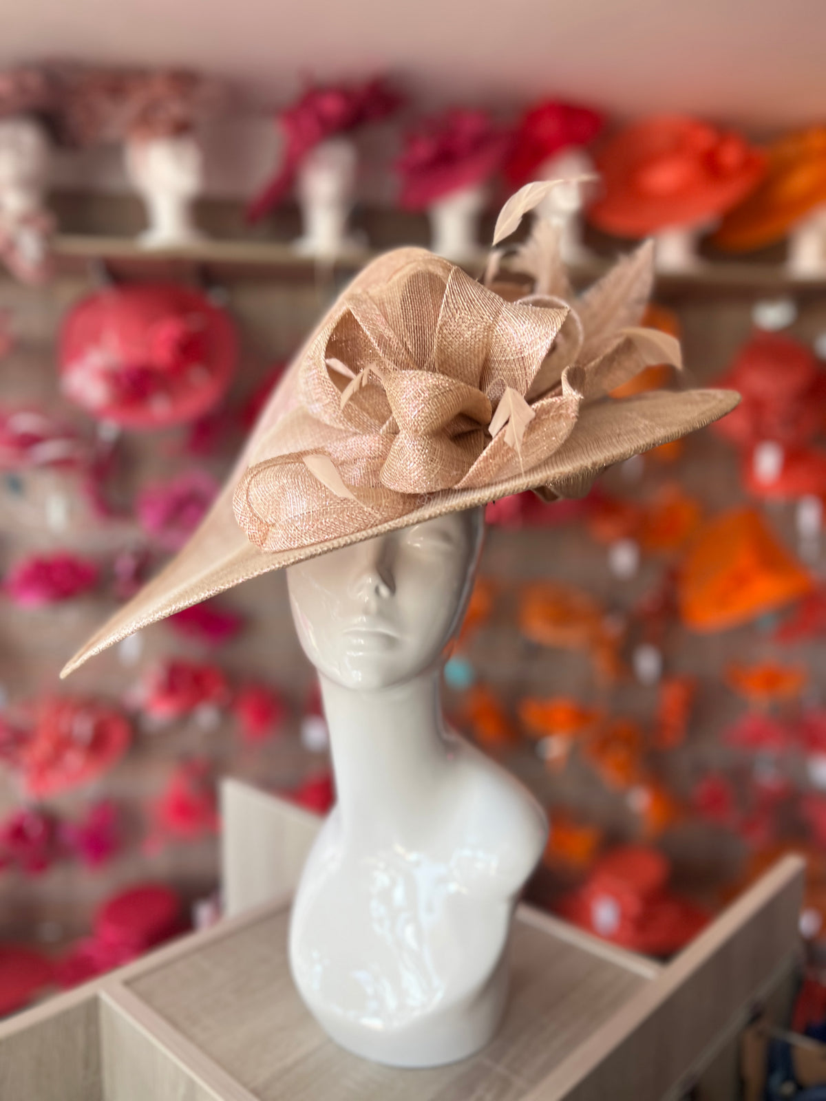 Deluxe Large Rose Gold Hatinator with Split Brim &amp; Feathers-Fascinators Direct