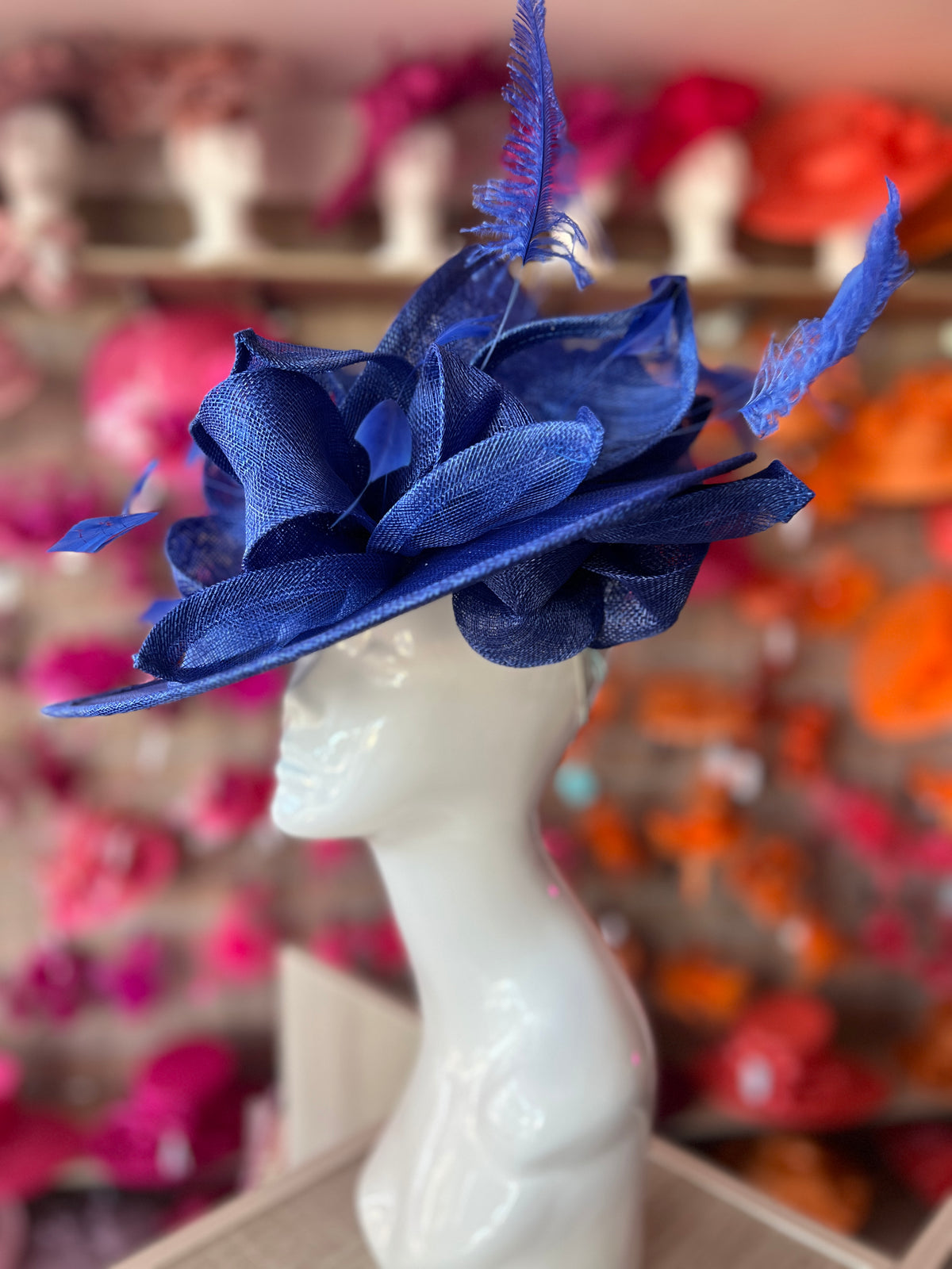 Deluxe Large Sapphire Hatinator with Split Brim &amp; Feathers-Fascinators Direct