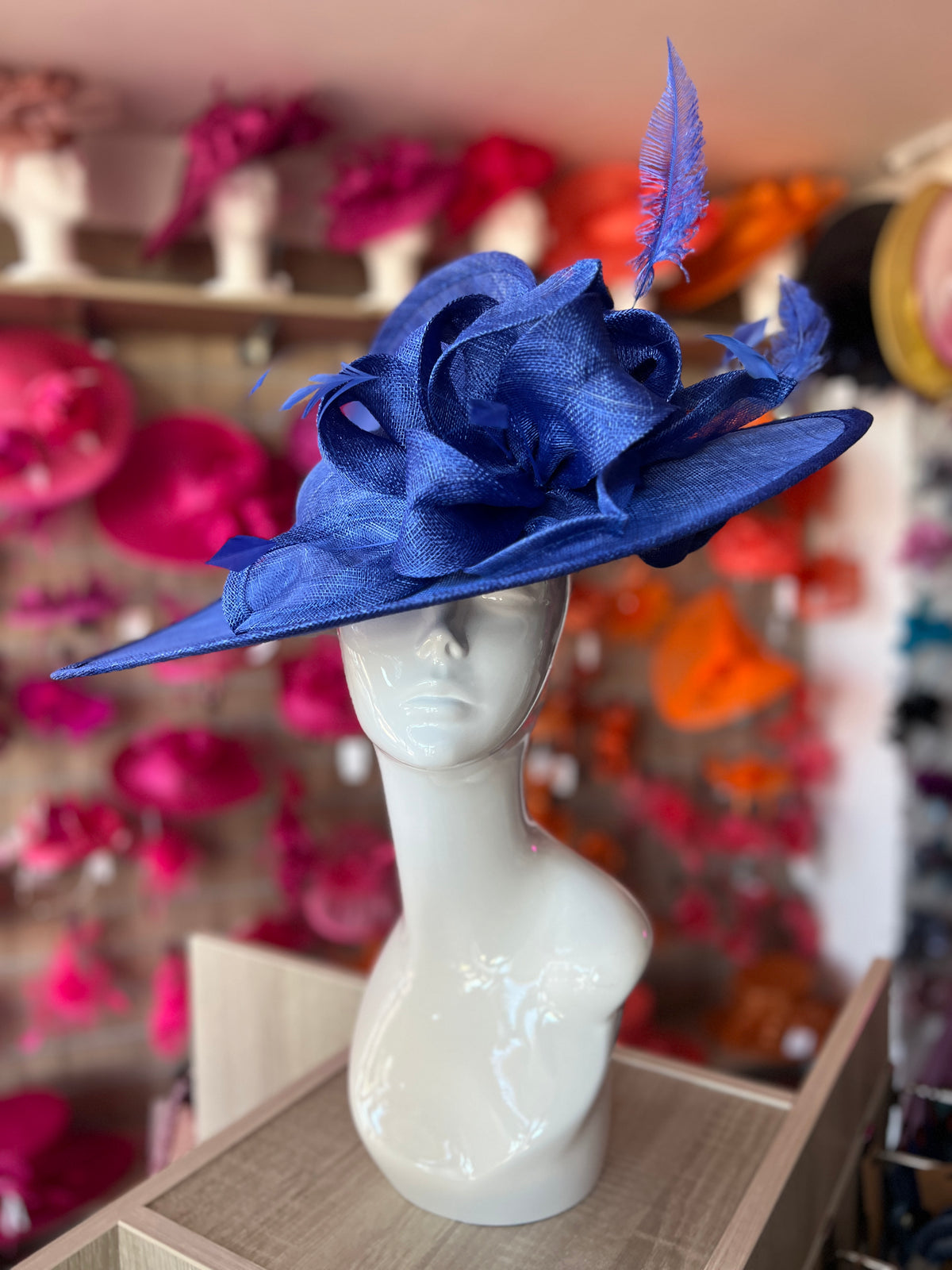 Deluxe Large Sapphire Hatinator with Split Brim &amp; Feathers-Fascinators Direct