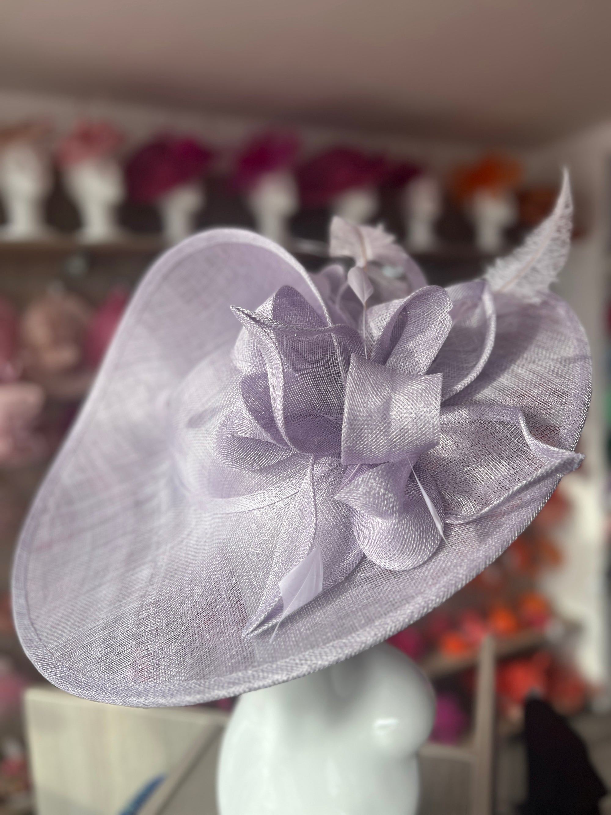 Deluxe Large Sweet Lavender Hatinator with Split Brim & Feathers-Fascinators Direct