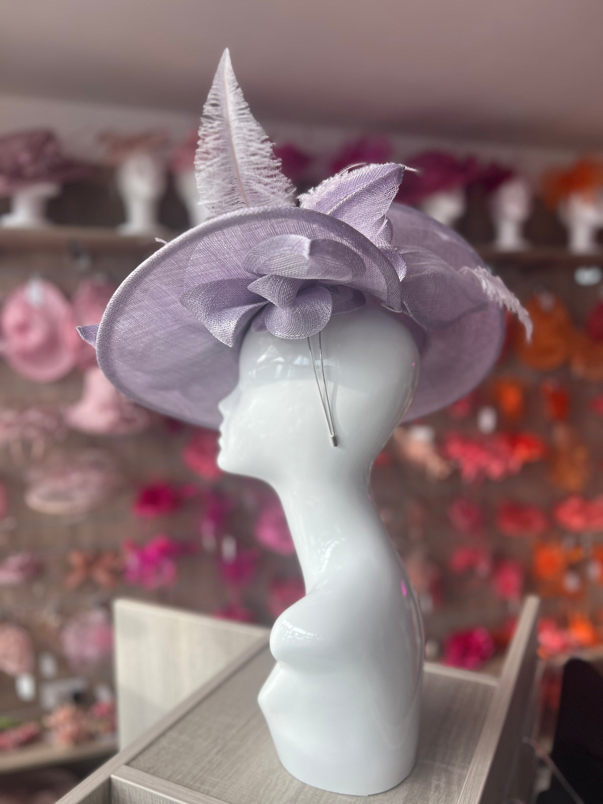 Deluxe Large Sweet Lavender Hatinator with Split Brim &amp; Feathers-Fascinators Direct