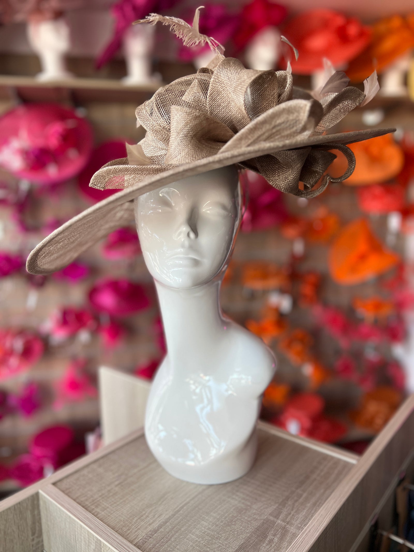 Deluxe Large Taupe Hatinator with Split Brim & Feathers-Fascinators Direct